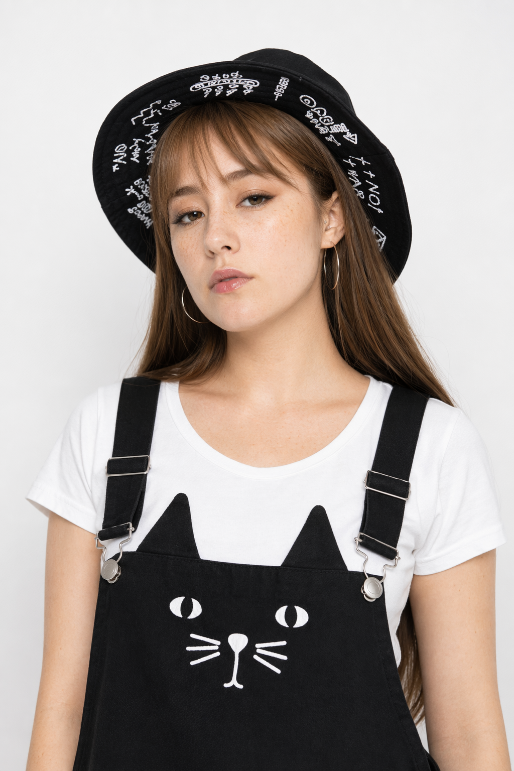 Adorable Black Jean Romper with Neko Cat Face Design XXXL