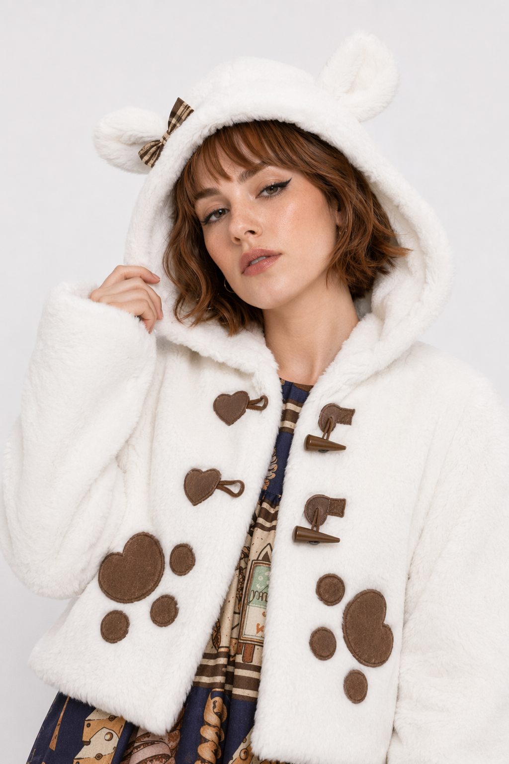 Cozy Faux-Fur Paw Print Winter Coat for Kids Brown