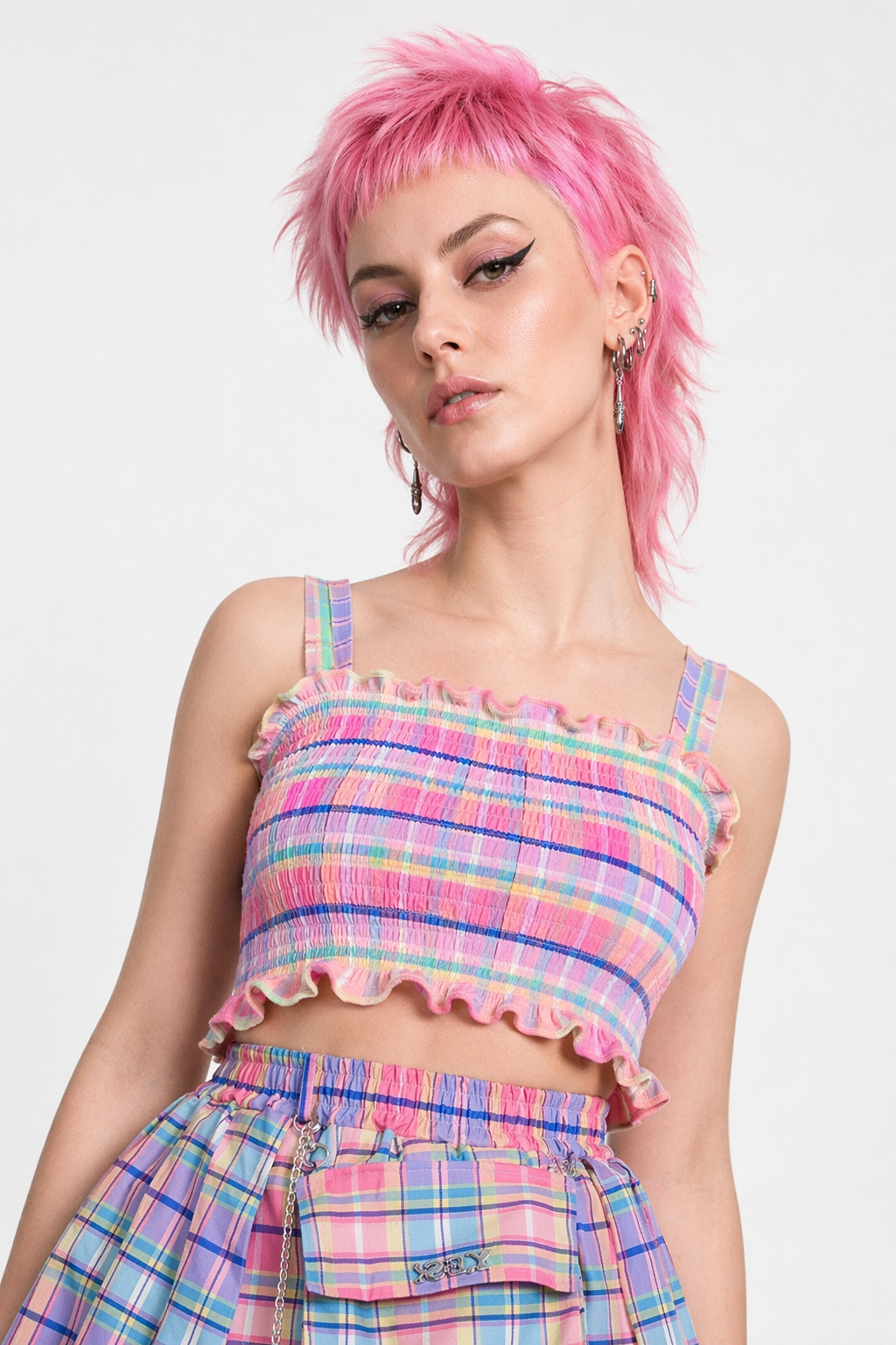 Bubblegum Rainbow Plaid Skirt with Cargo Pocket and Stretchy Waistband M