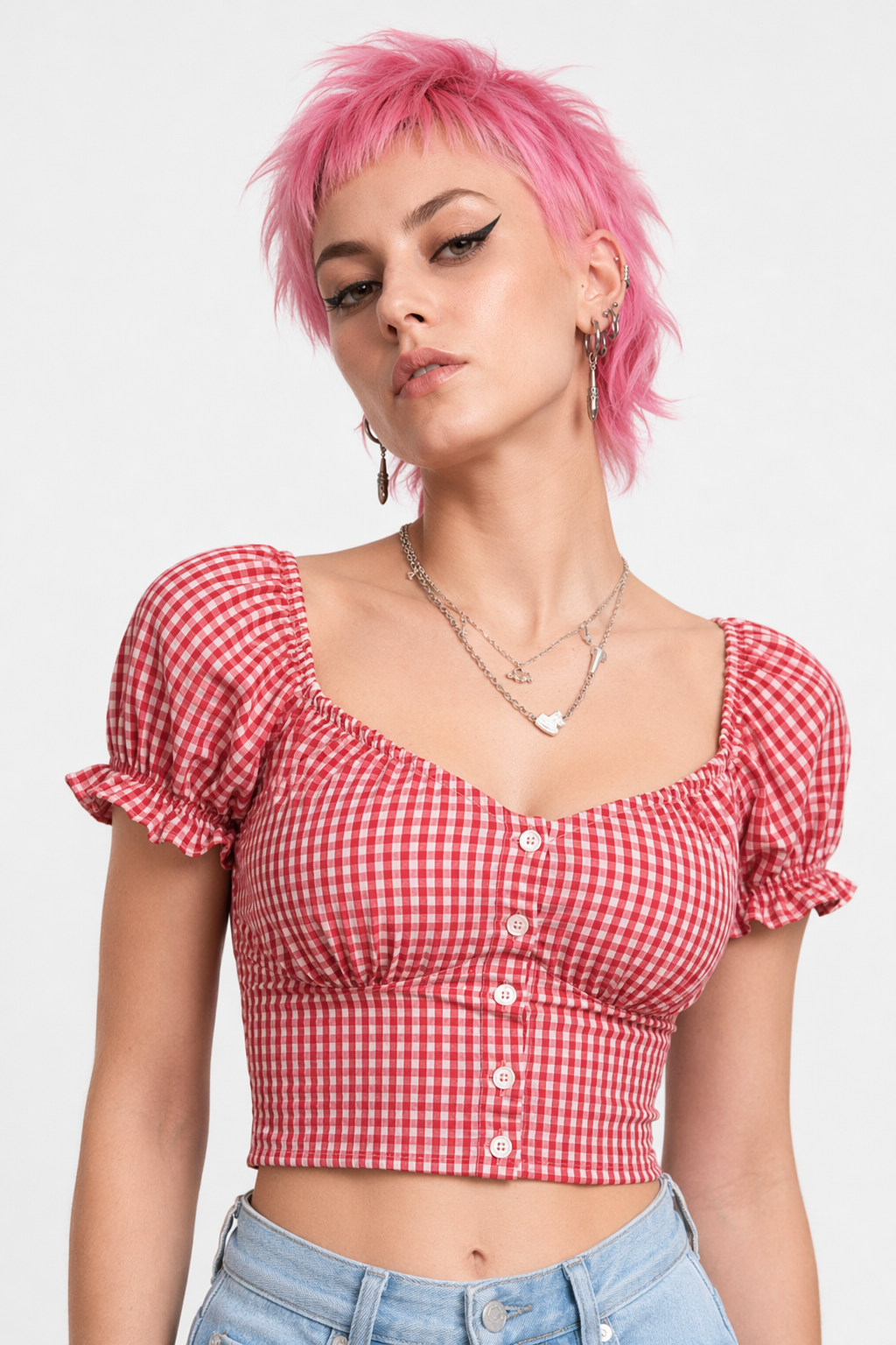 Rustic Country Baby Crop Sweetheart Button-Up Top In Stock Red