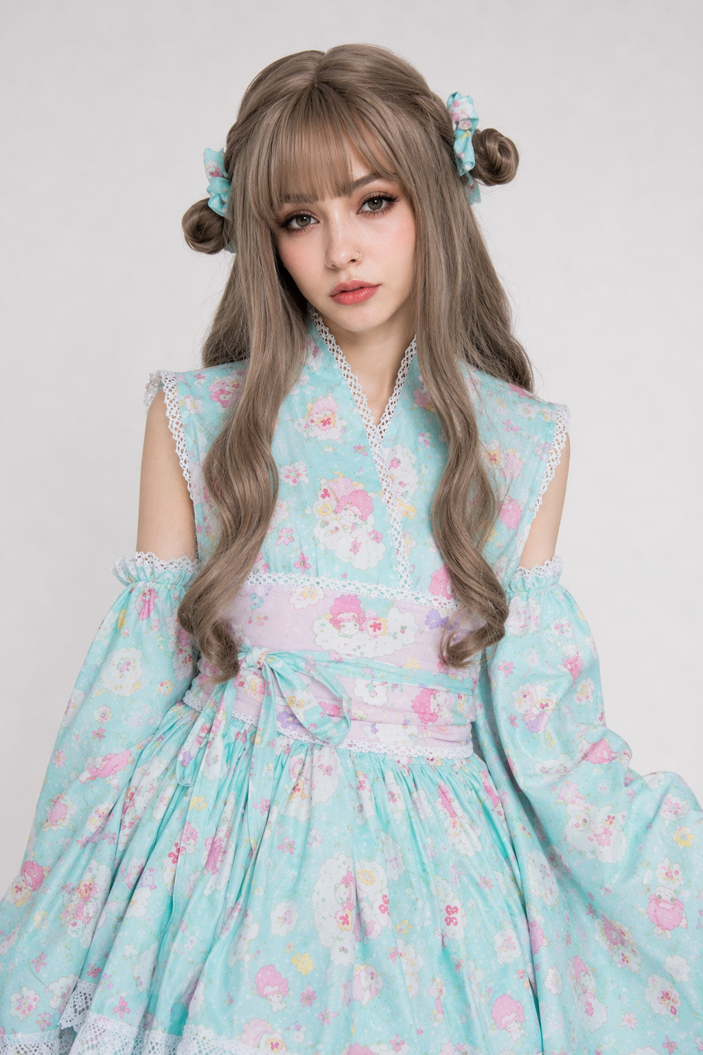Pink or Blue Ruffled Lolita Kimono Dress with 55cm Skirt Length Blue