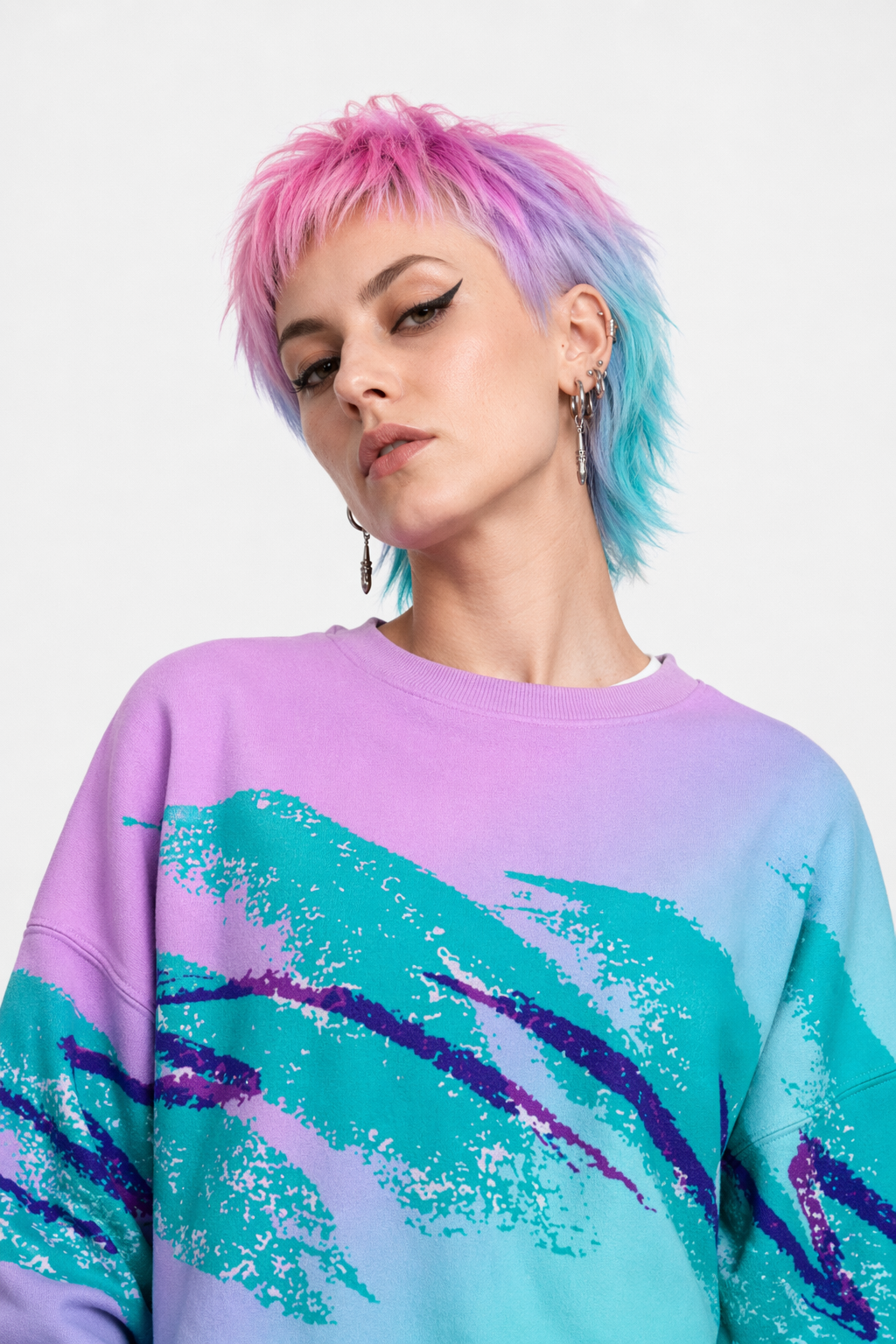 90s-Inspired Bold Crewneck Sweater for Unique Style Blue Paper Cup