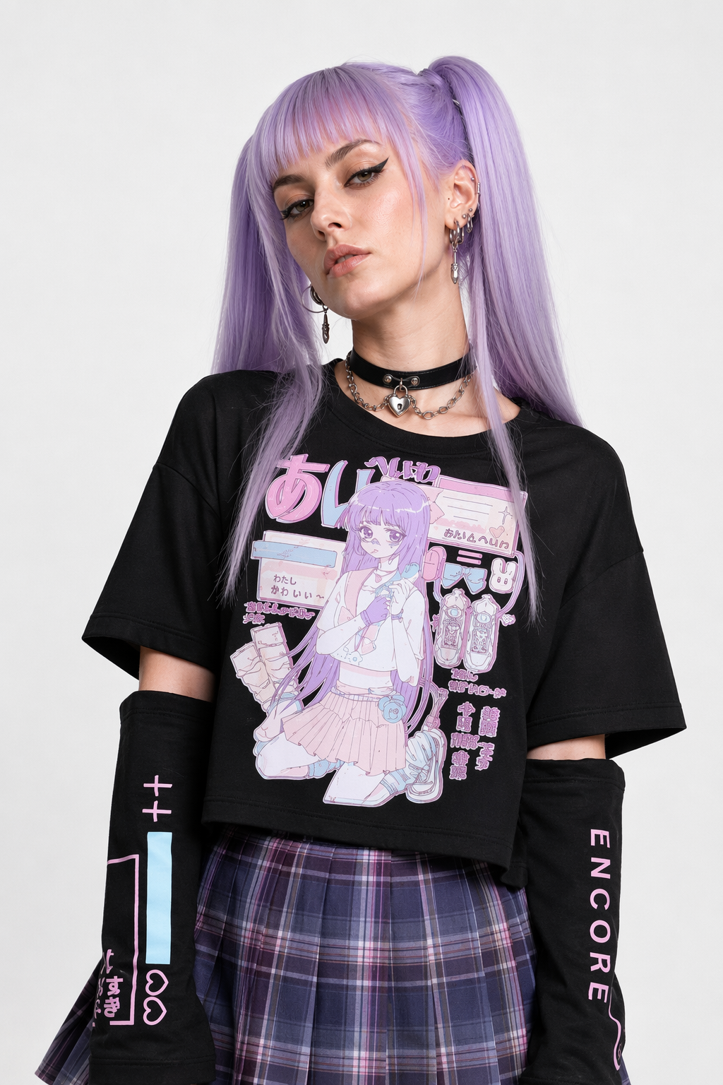 Pastel Goth Oversized E-Girl Crop Top with Stunning Artistic Details Black