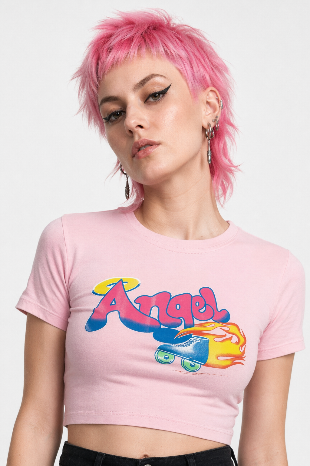 Pink 90s Retro Angel Crop Top with Rollerblades Print S