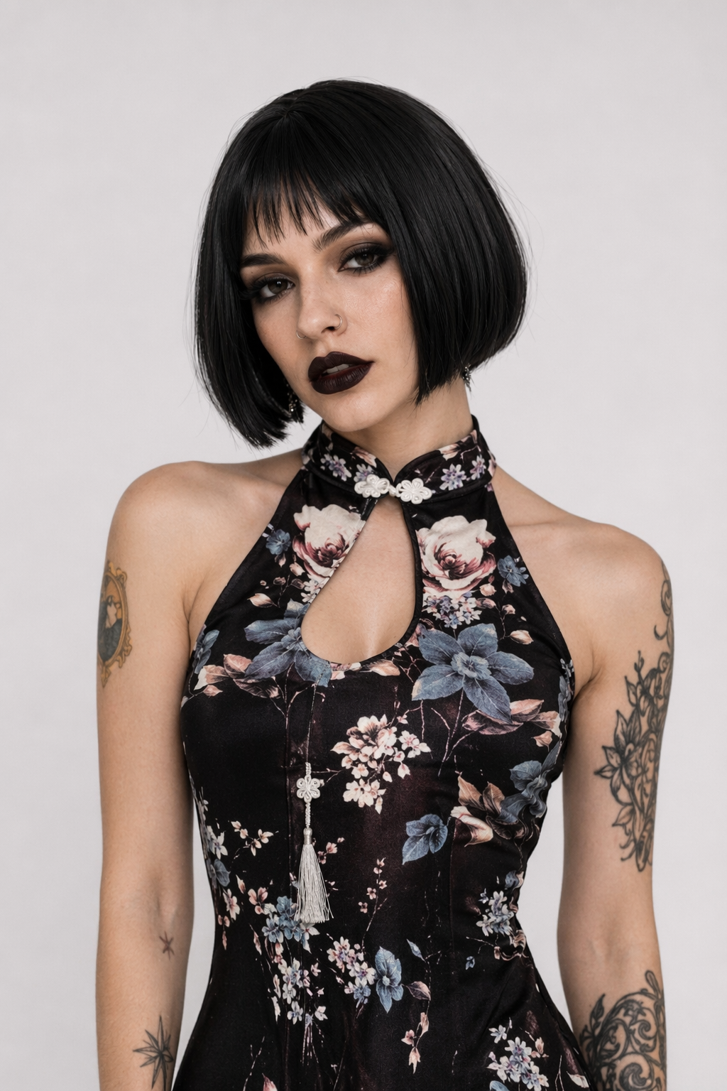 Floral Kimono Dress with High Slits and Cut-Outs Black