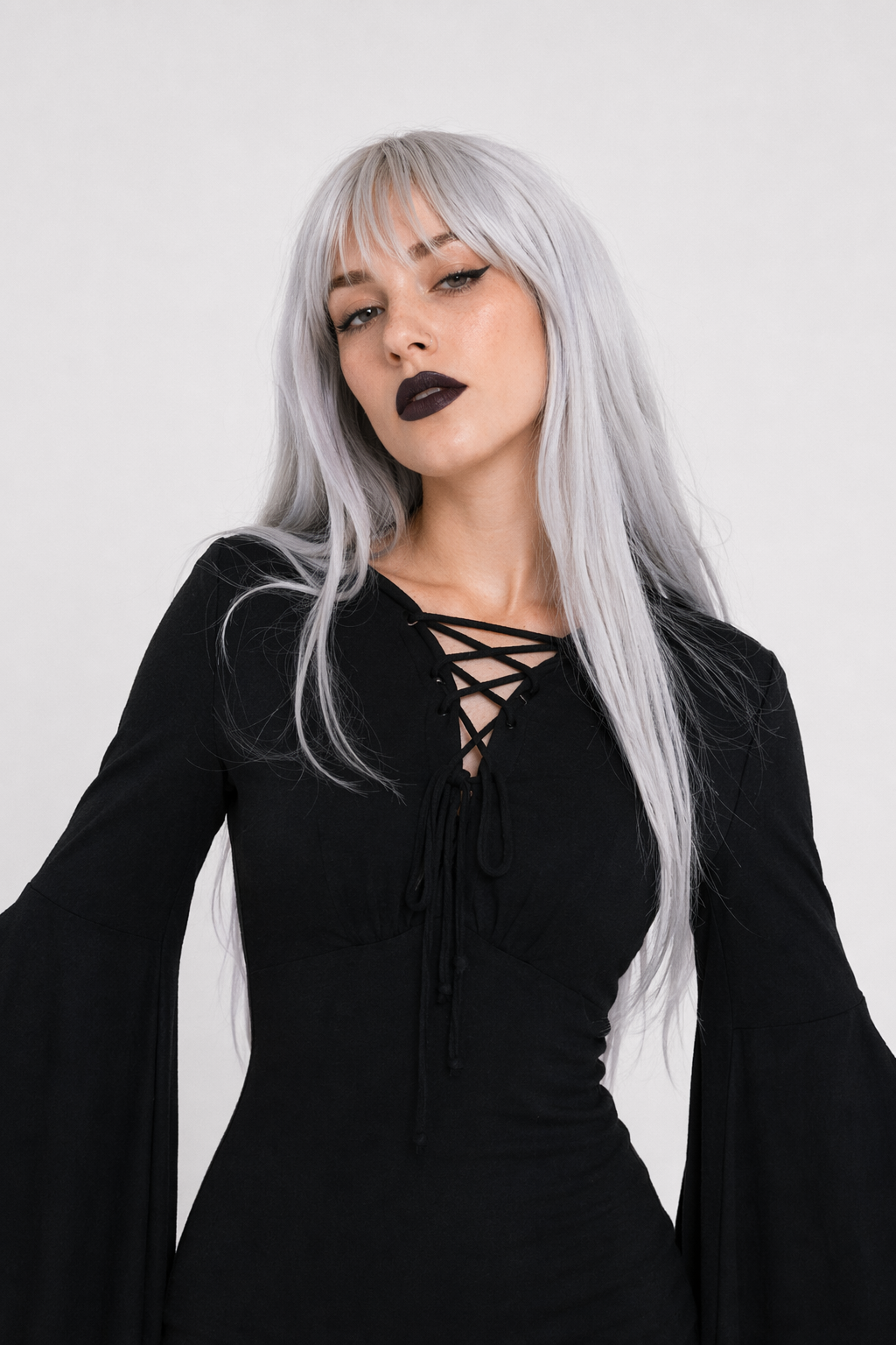 Black Gothic Forest Witch Dress with Flowy Wing Style Sleeves L