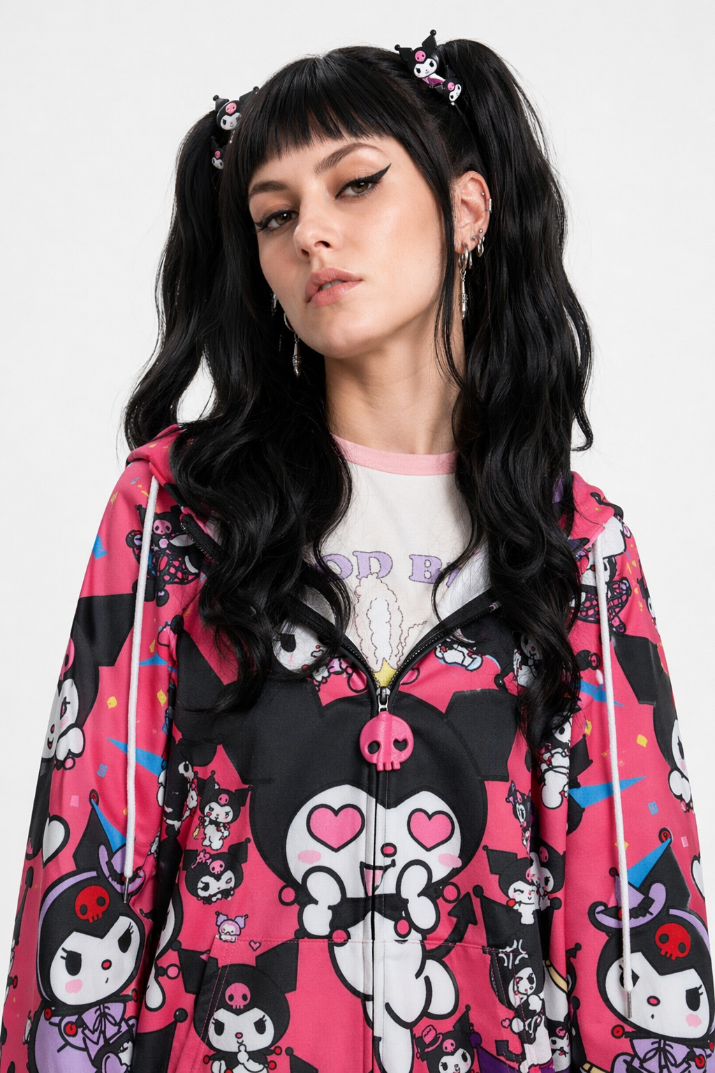 Pastel Goth Kuromi Inspired Long Sleeve Zip-Up Hoodie Pink