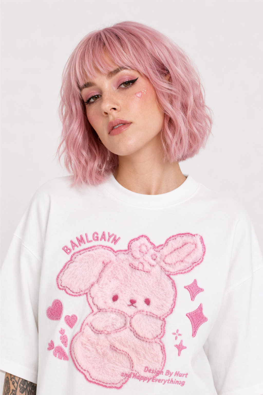 Pink Bunny Fluffy Tee for a Playful and Adorable Look White