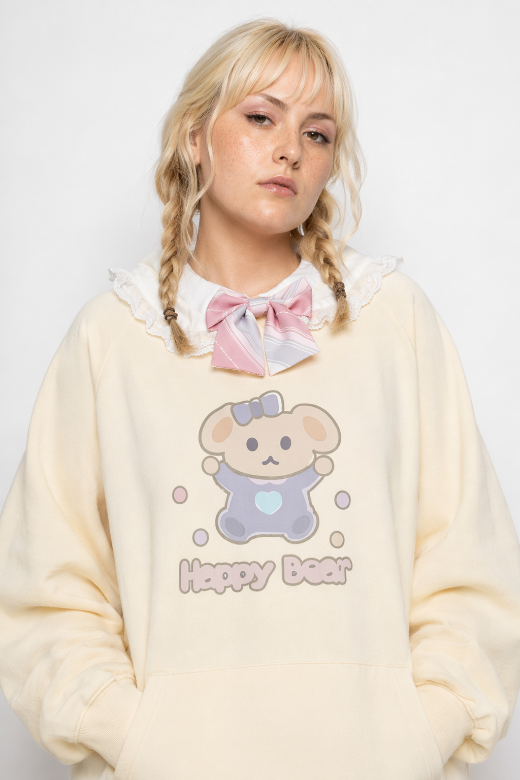 Pastel Yellow Bear Hoodie with Cozy Pouch and Cute Details XXL