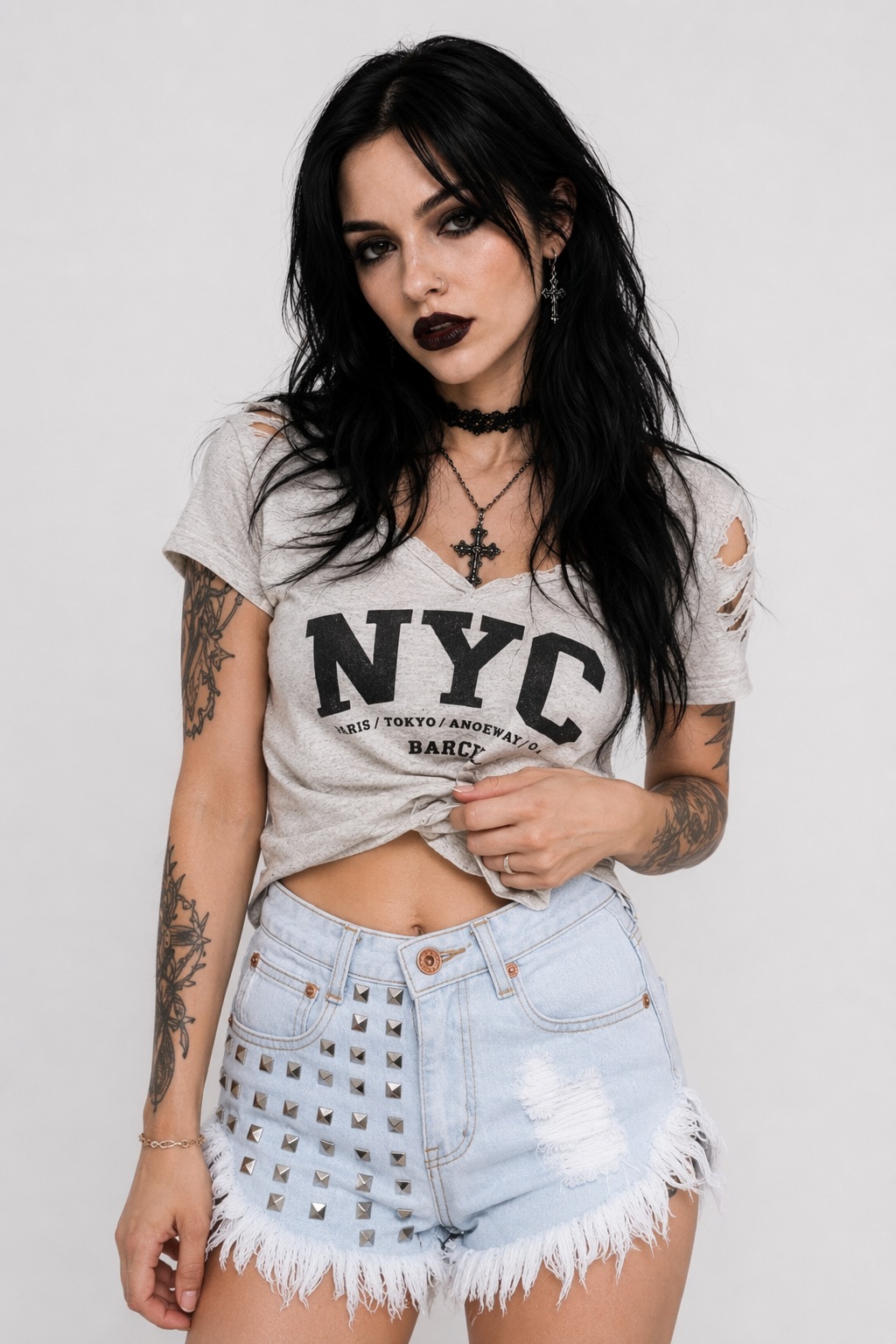 Studded Distressed Jean Shorts for an Edgy Summer Look Default