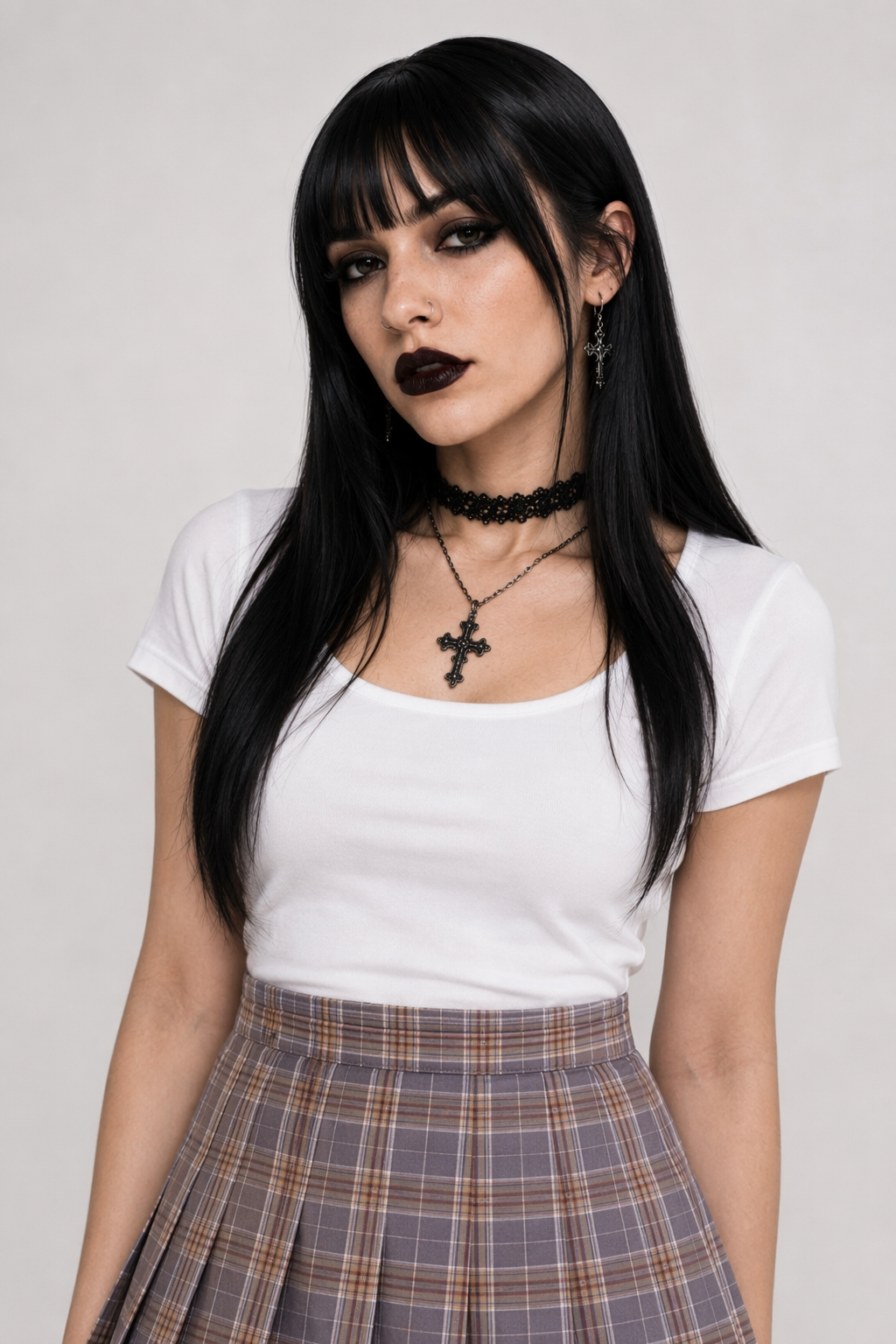 Plaid and Solid Color School Girl Skirt in Plus Sizes Org InStock 40cm Length Gray