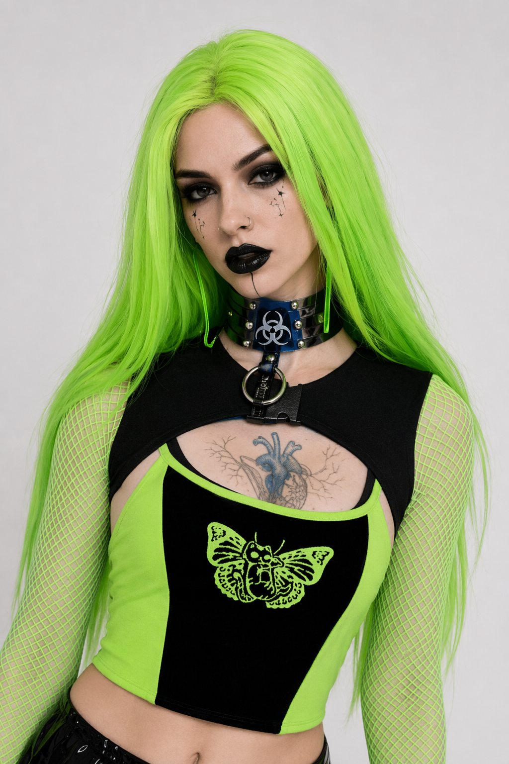 Neon Green Butterfly Crop Top with Mesh Long Sleeves M