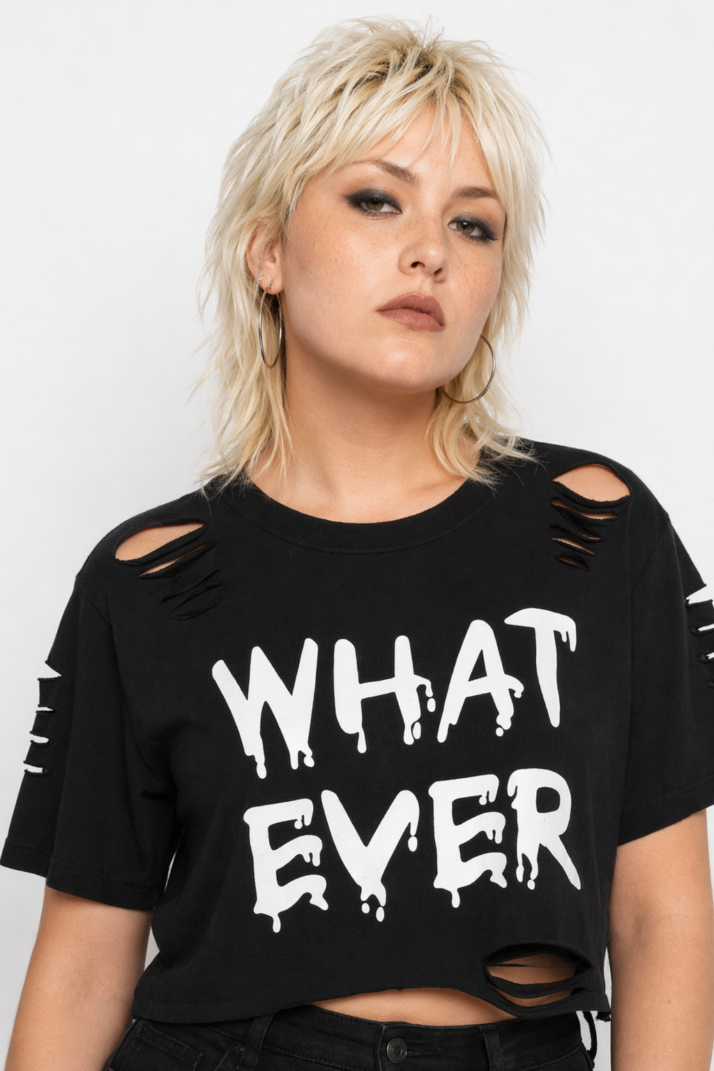Cropped Punk Rock T-Shirt with Bold WHAT EVER Statement Default