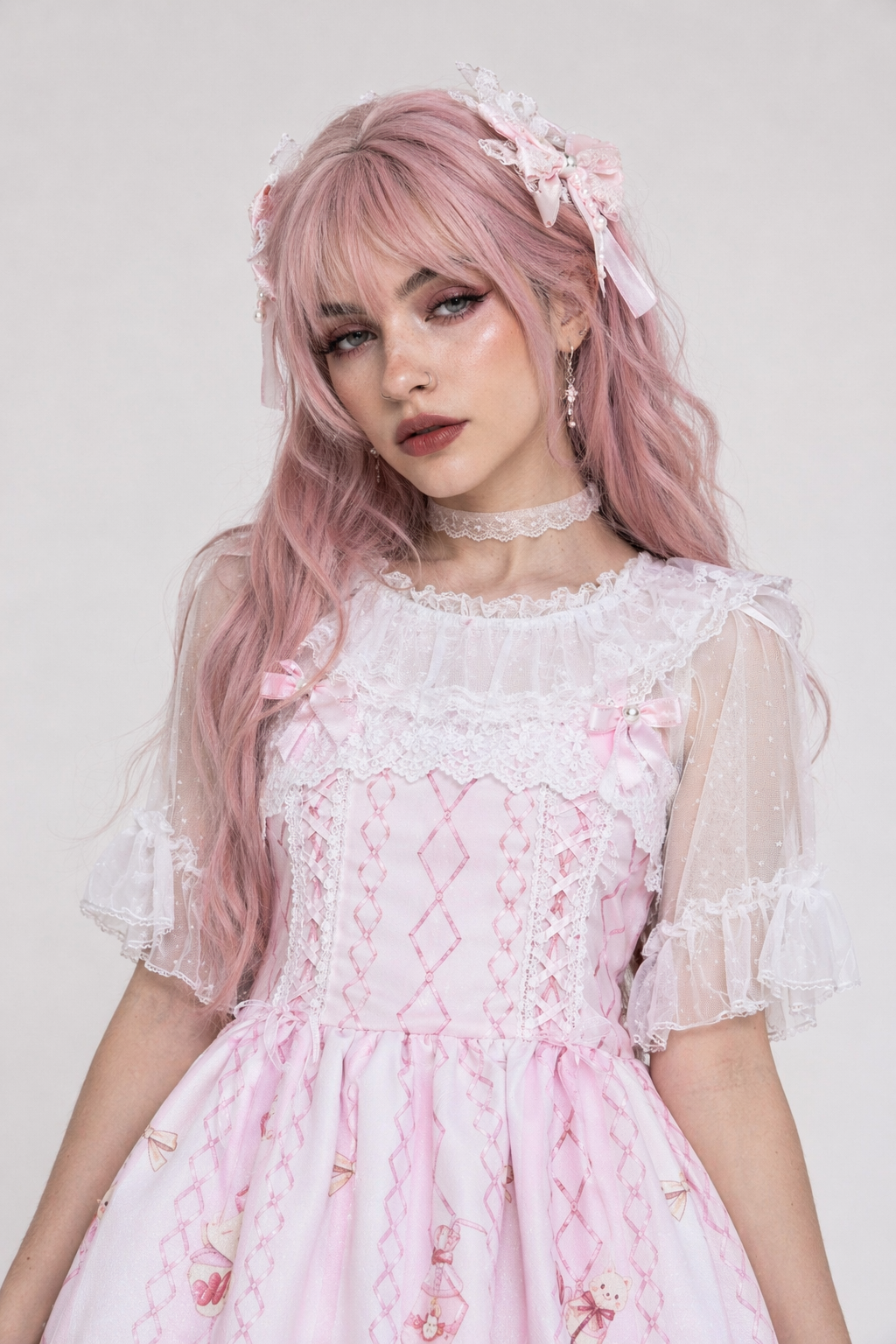 Fairy Kei Inspired Sweet Lolita Dress with Lace and Tulle Details Pink Dress Only