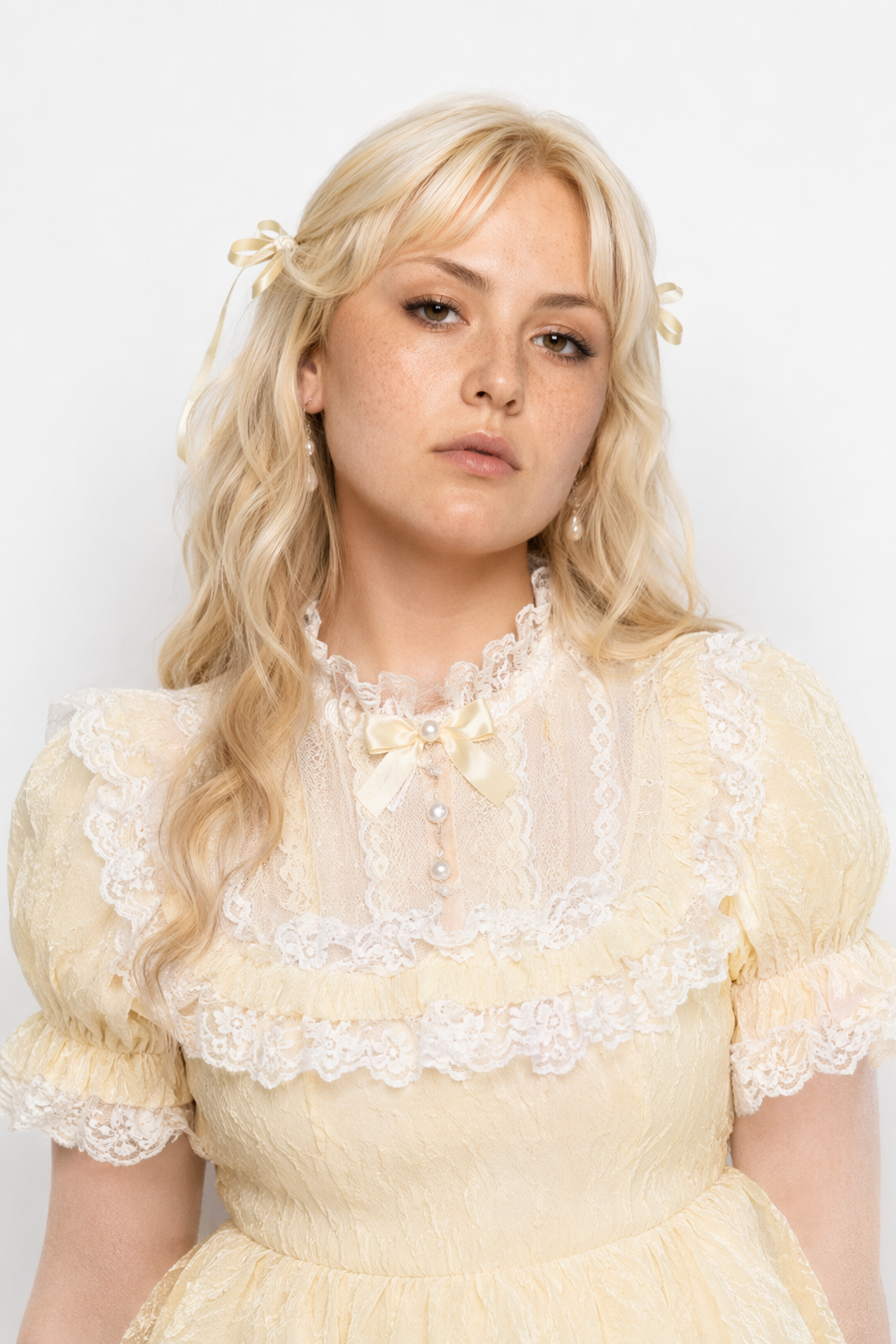 Pastel Yellow Floral Lace Angelic Dress with Poofy Sleeves S