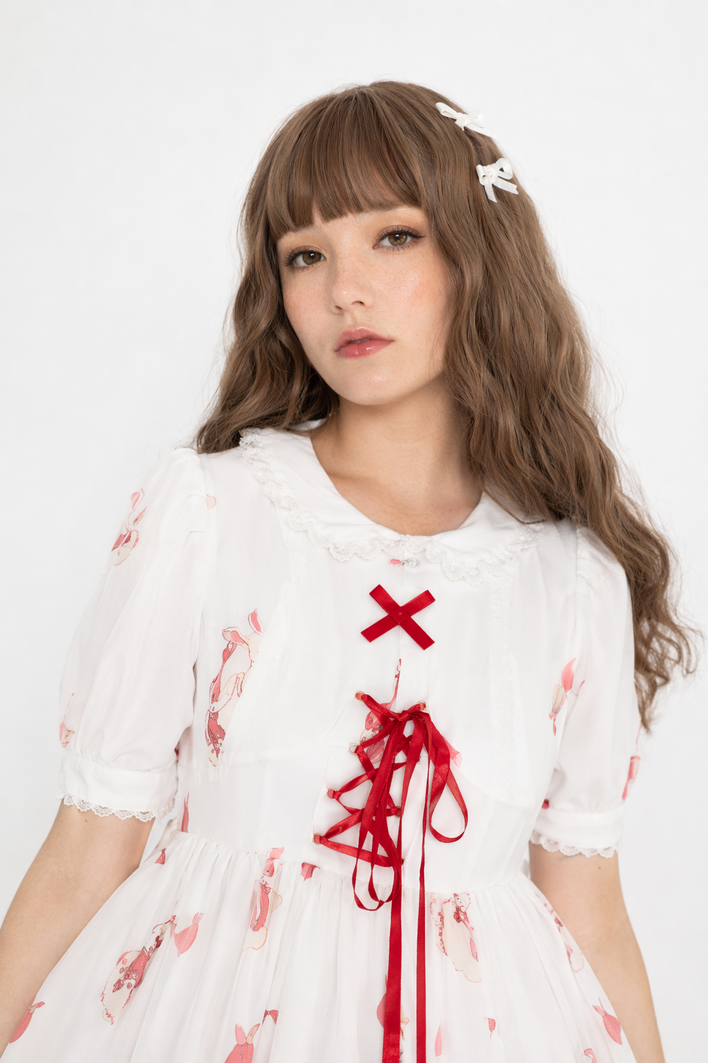 Musical Bunny Printed Lolita Dress in Red Wine Instock White Dress