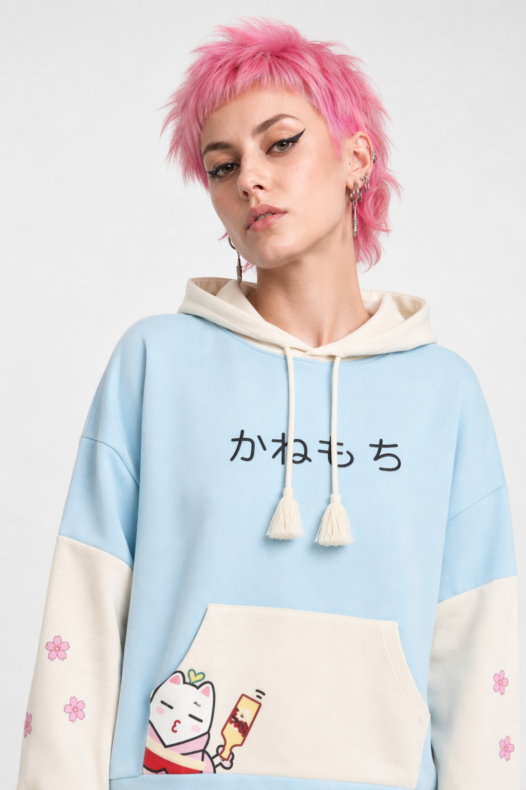 Japanese Inspired Painting Cat Artist Hoodie with Cherry Blossoms Blue