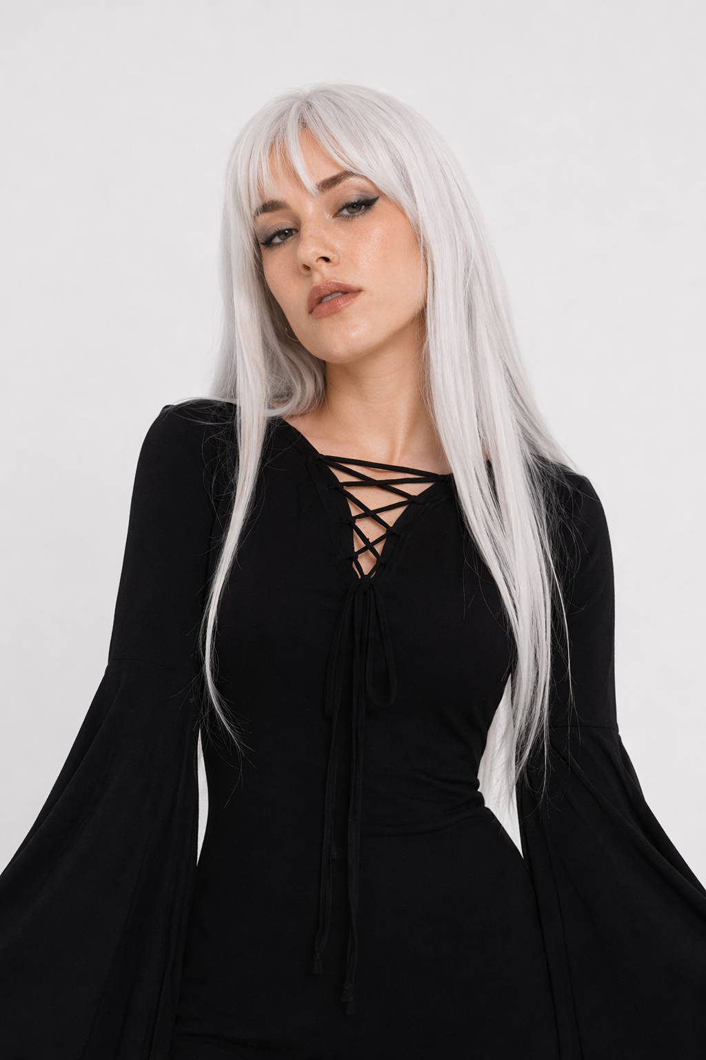 Black Gothic Forest Witch Dress with Flowy Wing Style Sleeves XL