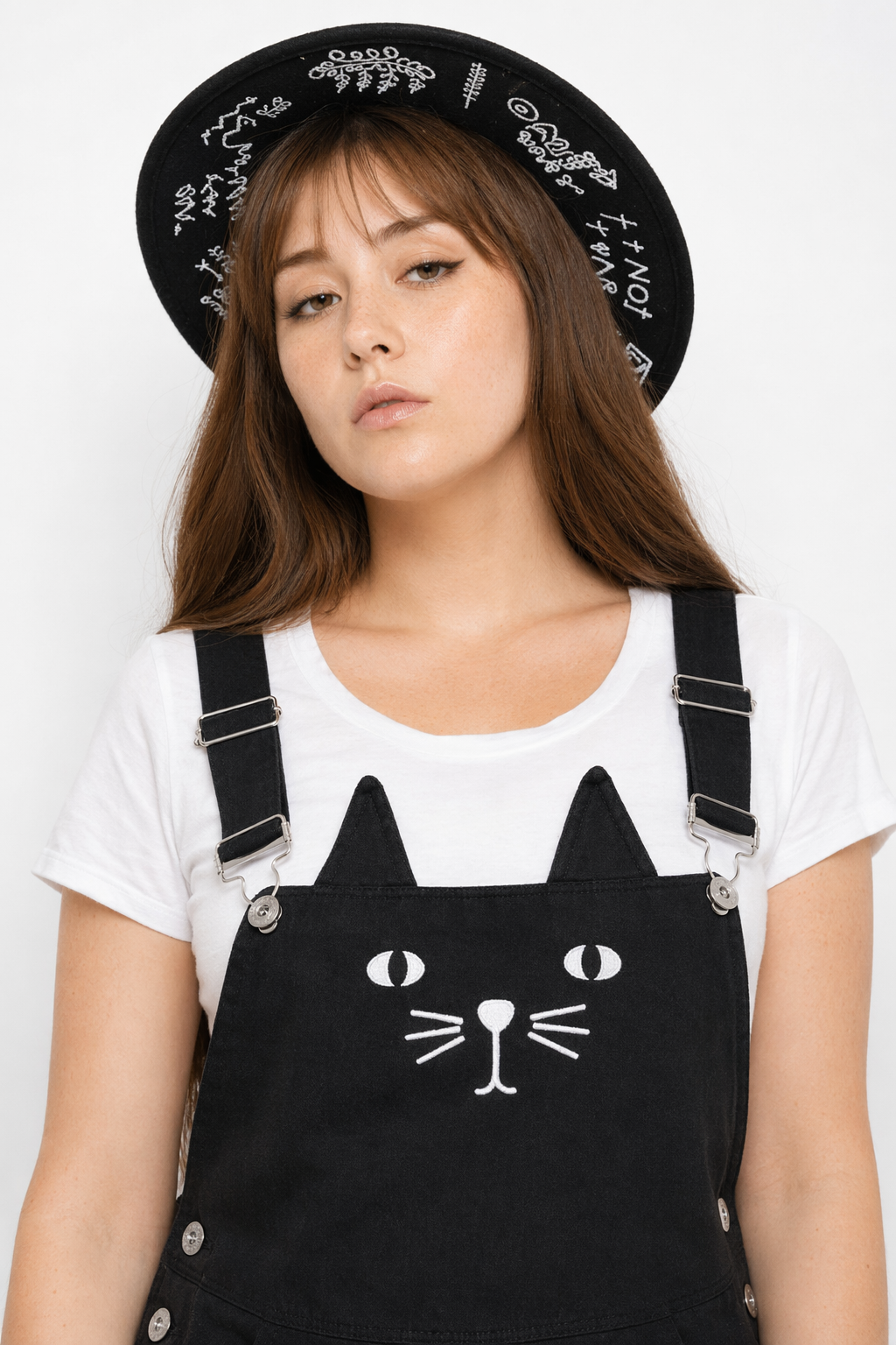 Adorable Black Jean Romper with Neko Cat Face Design XXL