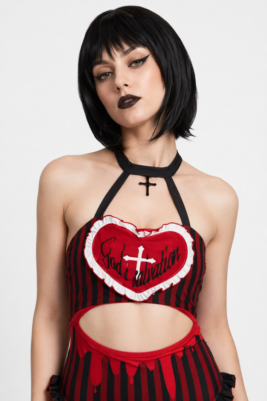 God's Salvation Onesie with Gothic Striped Design in Black and Red M