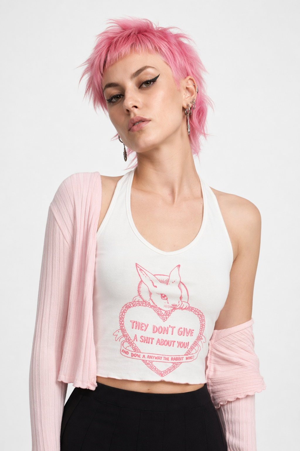 Vintage Kitsch Bunny Rabbit Graphic Halter Top White