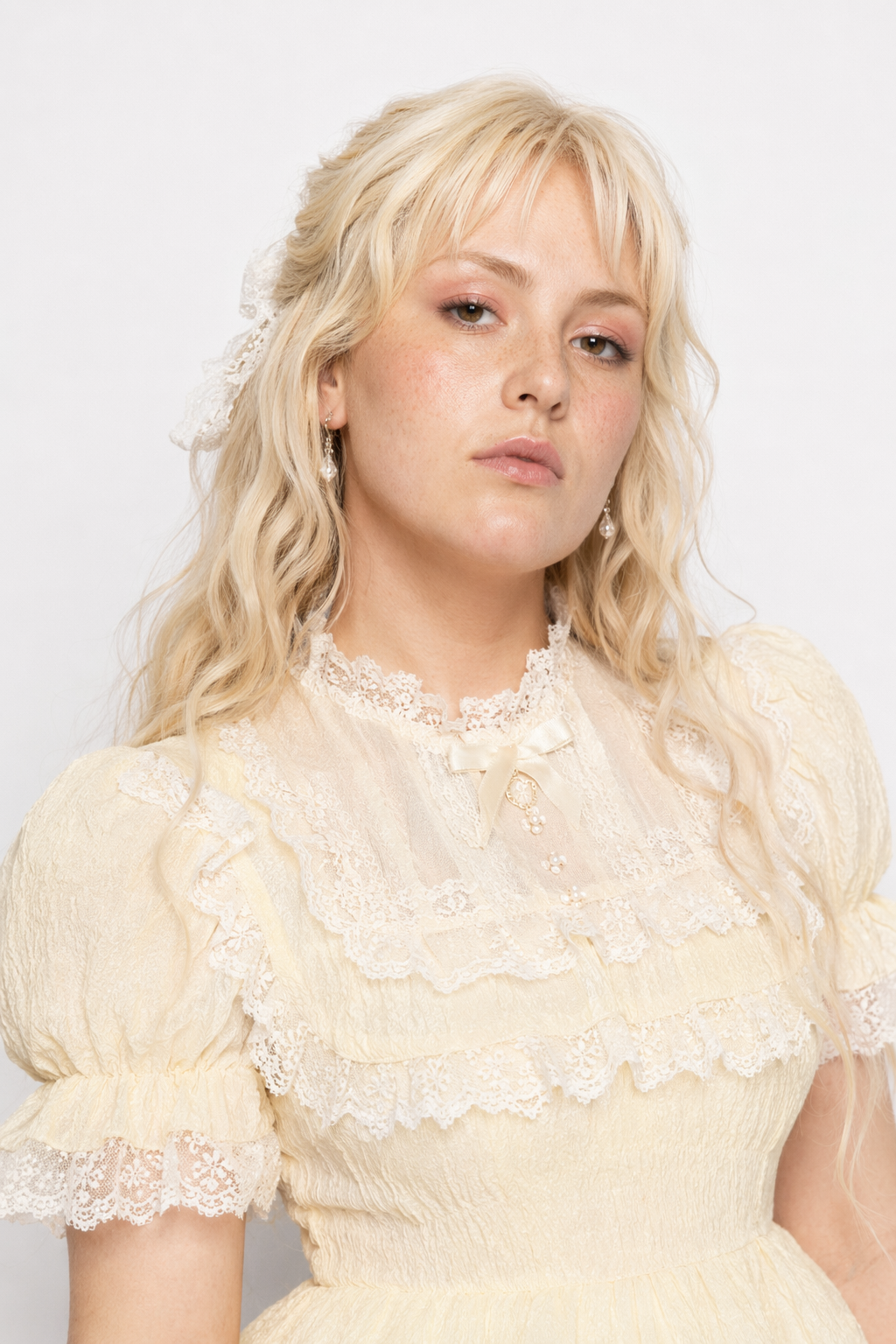 Pastel Yellow Floral Lace Angelic Dress with Poofy Sleeves L