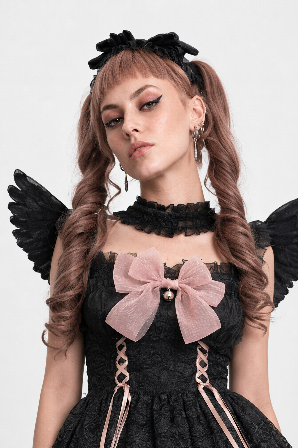 Ethereal Princess Lace Dress with Ruffles and Bows Black Pink