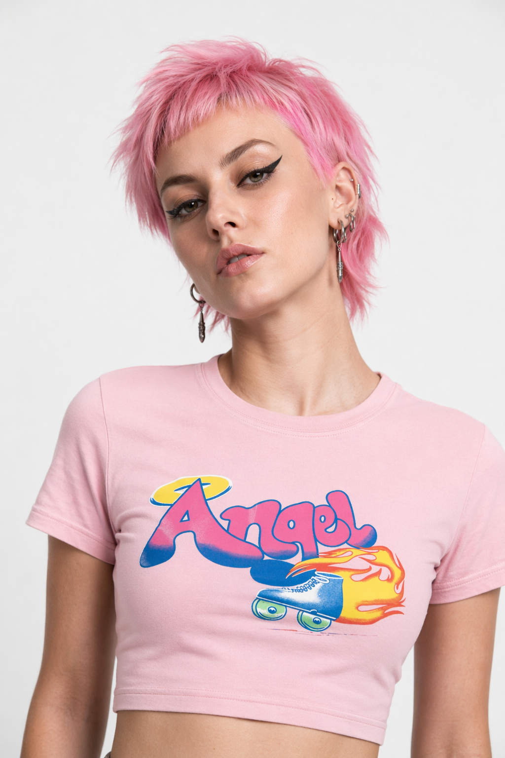 Pink 90s Retro Angel Crop Top with Rollerblades Print L