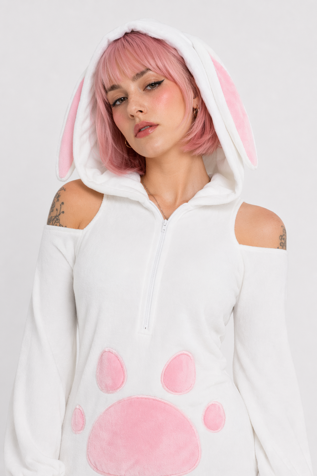 Pink and White Bunny Hooded Sweater Dress for Ultimate Kawaii Style Default Title