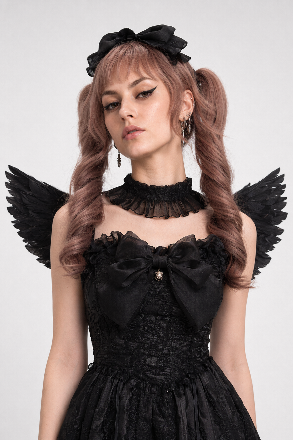 Ethereal Princess Lace Dress with Ruffles and Bows All Black