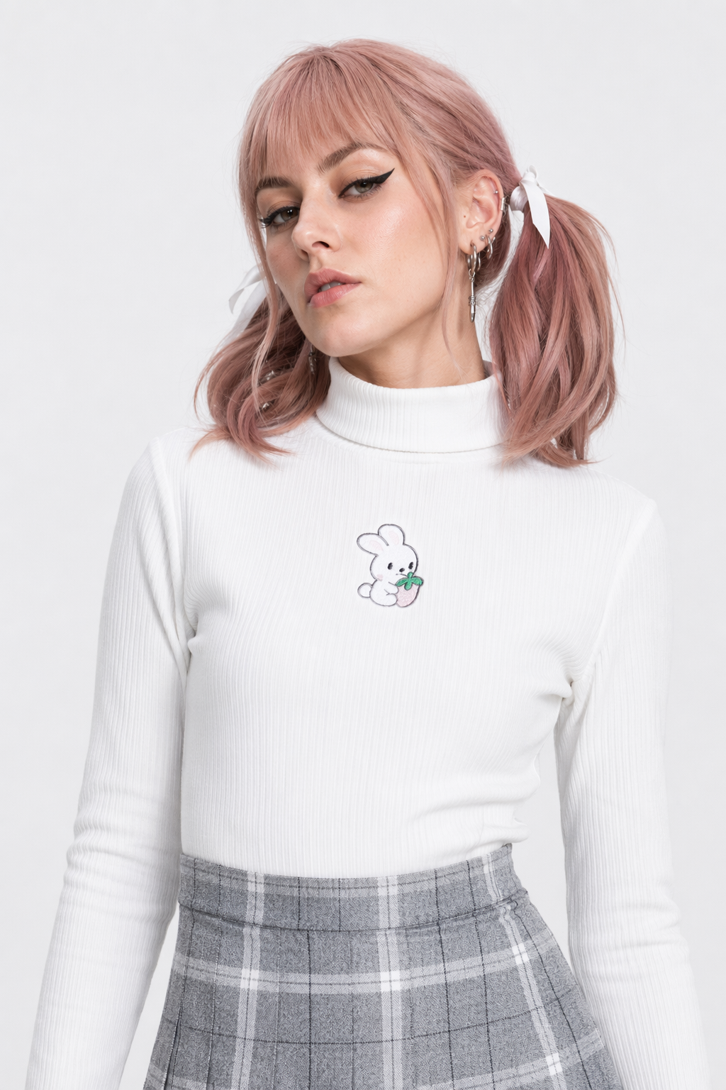 Cozy Baby Strawberry Bunny Turtleneck Sweater White