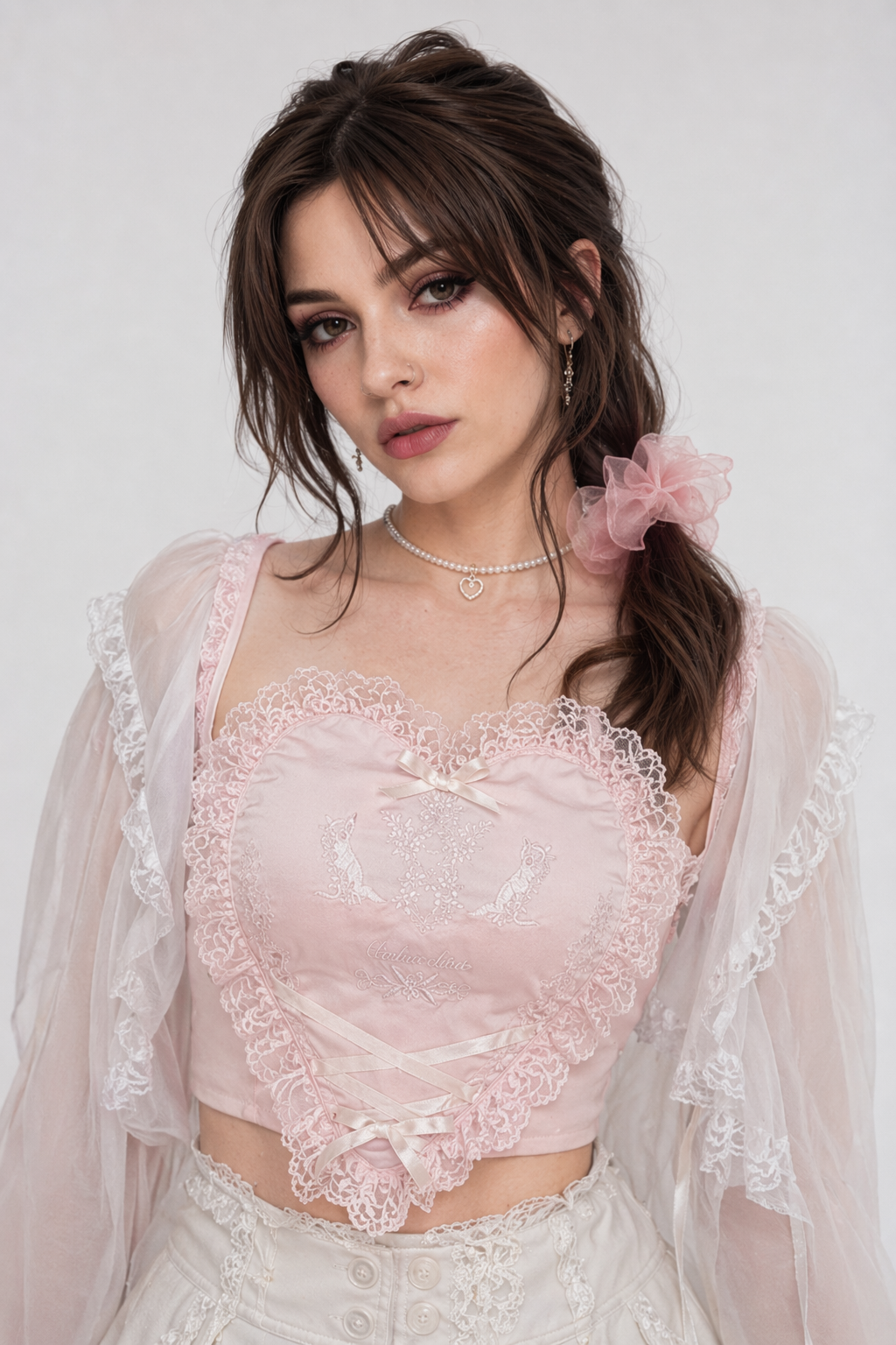 Ethereal Lace and Ribbon Heart Shaped Crop Top Pink