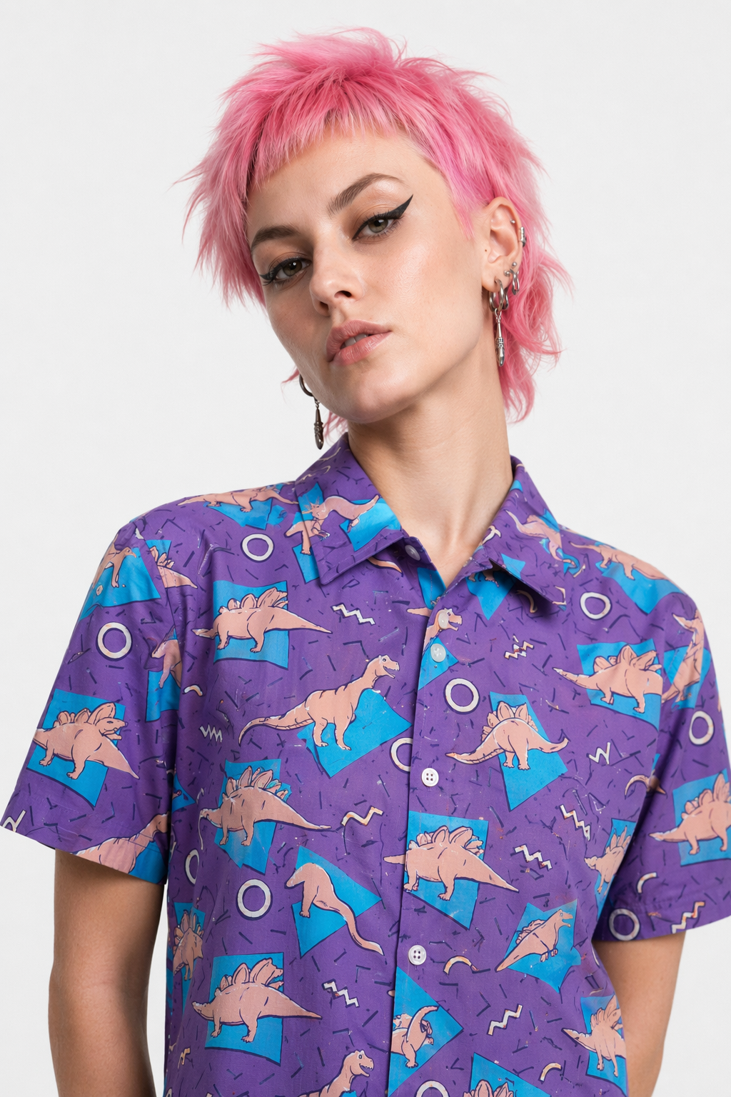 Purple and Blue Dinosaur Button Up Retro 90s Dino Tee XXL