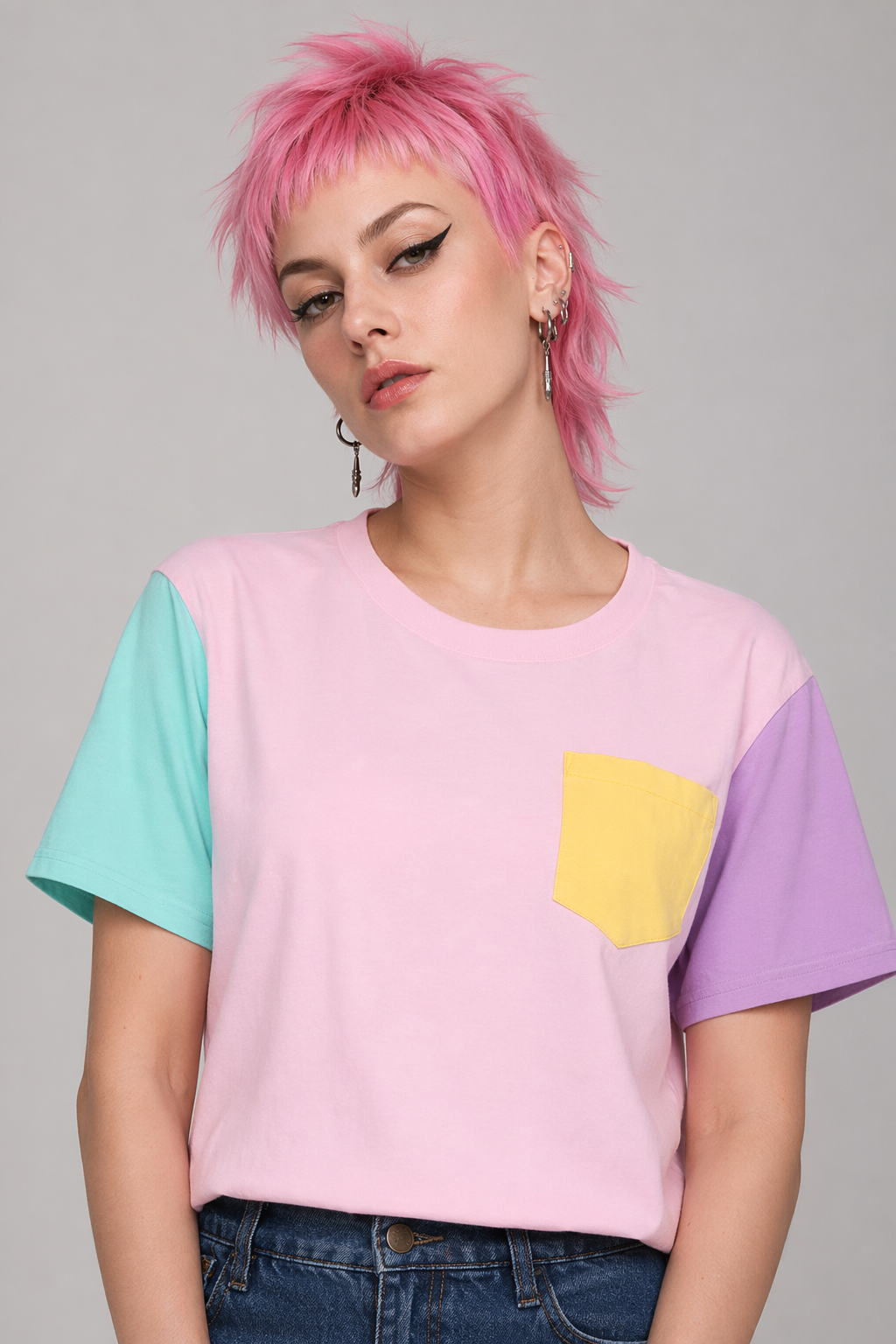 Retro 80s Patchwork Pastel-Kei Tee with Chest Pocket Pink