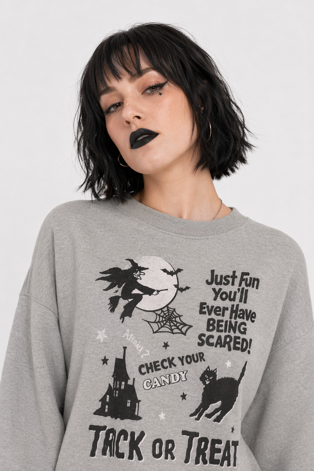 Kawaii Goth Trick or Treat Crewneck Sweater for Year-Round Fun Gray Sweatshirt