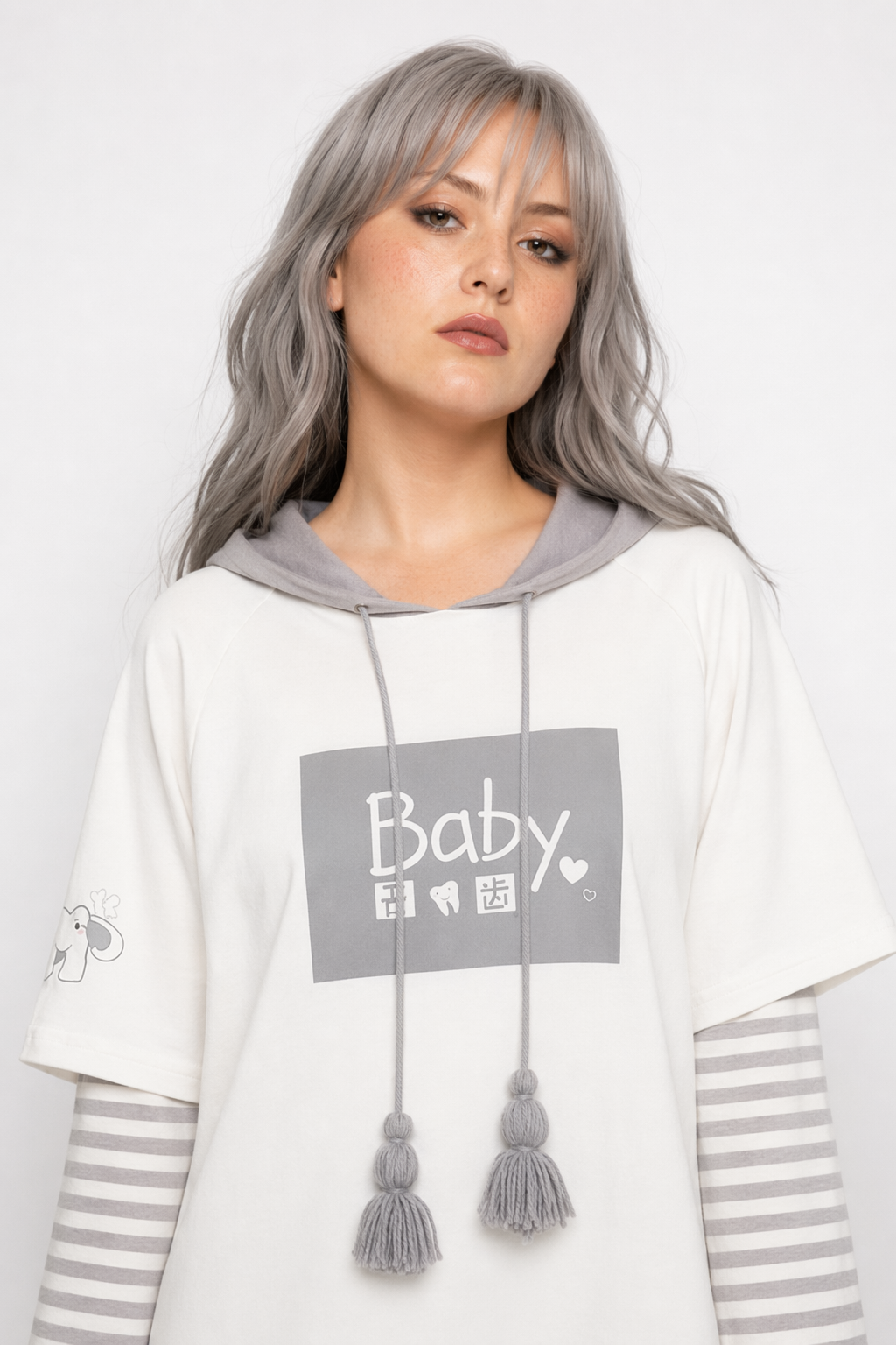 Cute Grey Baby Hoodie with Striped Layered Sleeves Default Title