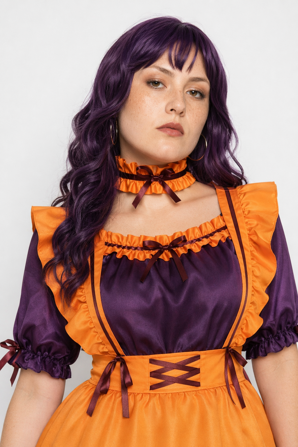 Black and Eggplant Purple Halloween Inspired Maid Lolita Dress 47cm Width XXXL