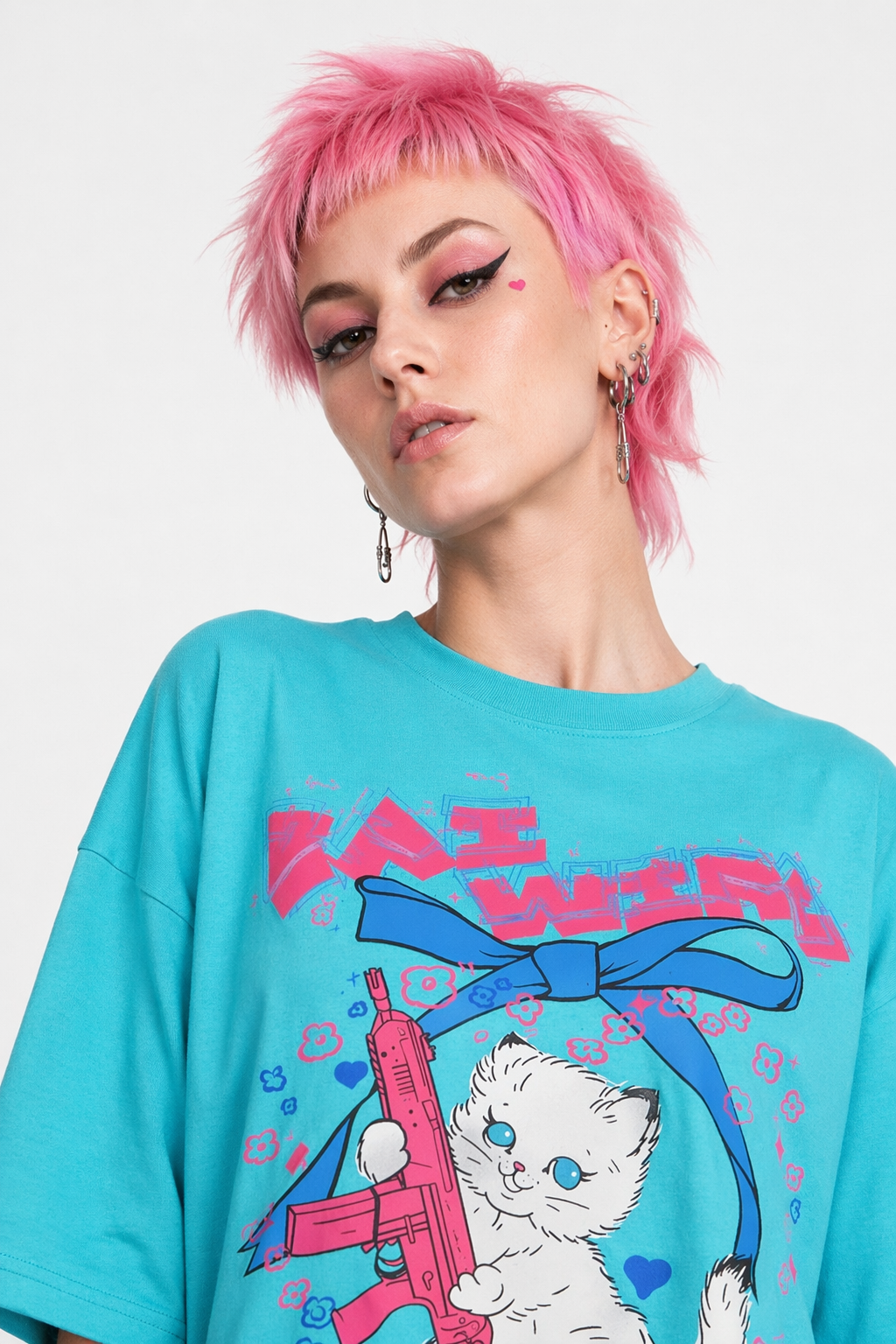 Kawaii Machine Gun Kitten T-Shirt In Stock for Daisy Duck Fans Blue