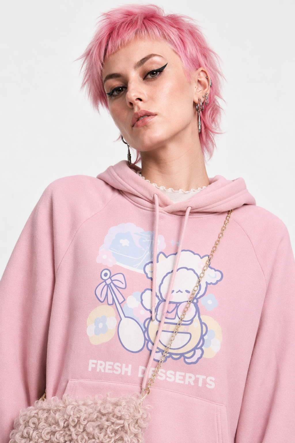 Kawaii Baby Lamb Dessert Hoodie with Sweet Details in Pastel Colors Pink