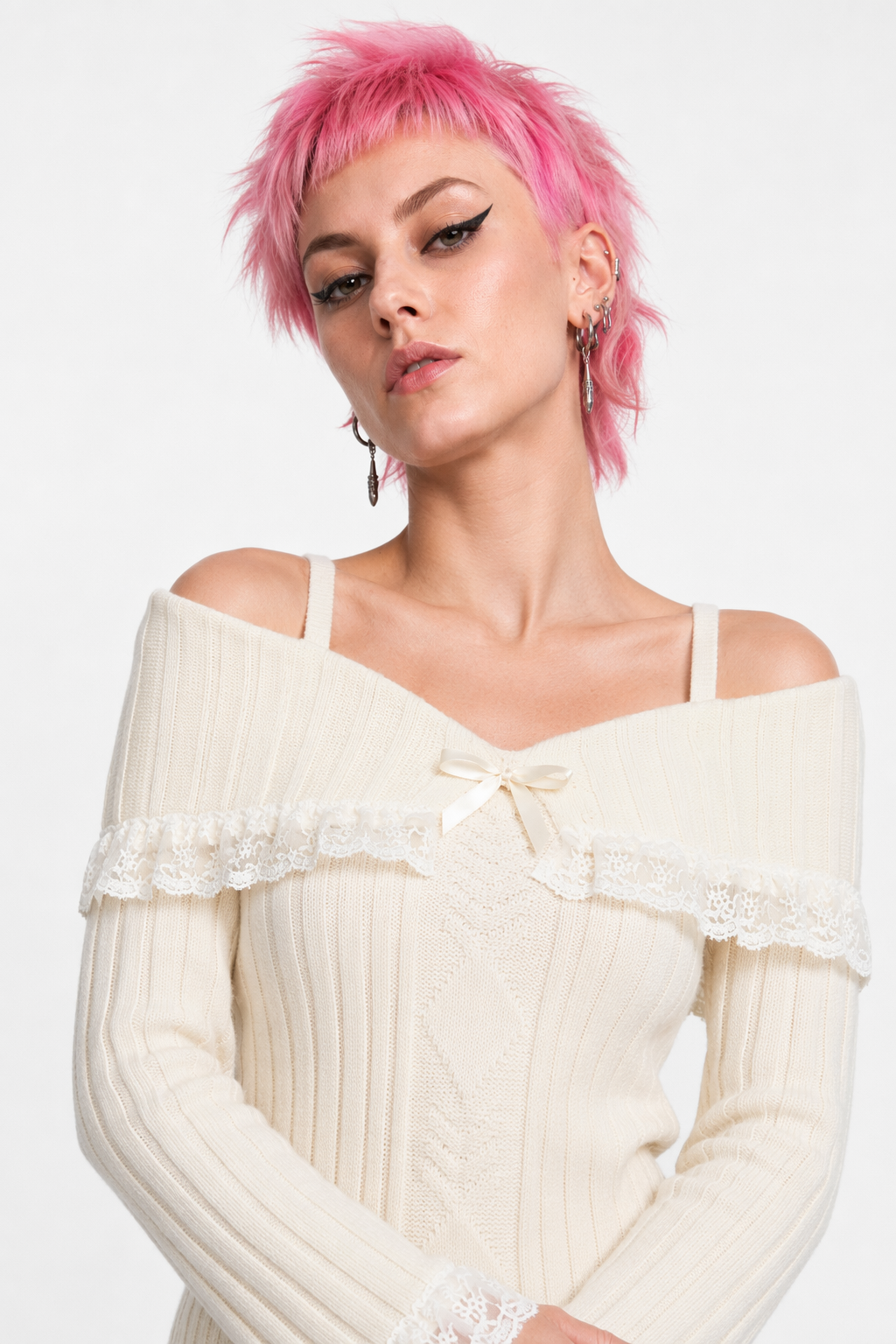 Pink Knit Princess Sweater with Off-the-Shoulder Design and Accents White