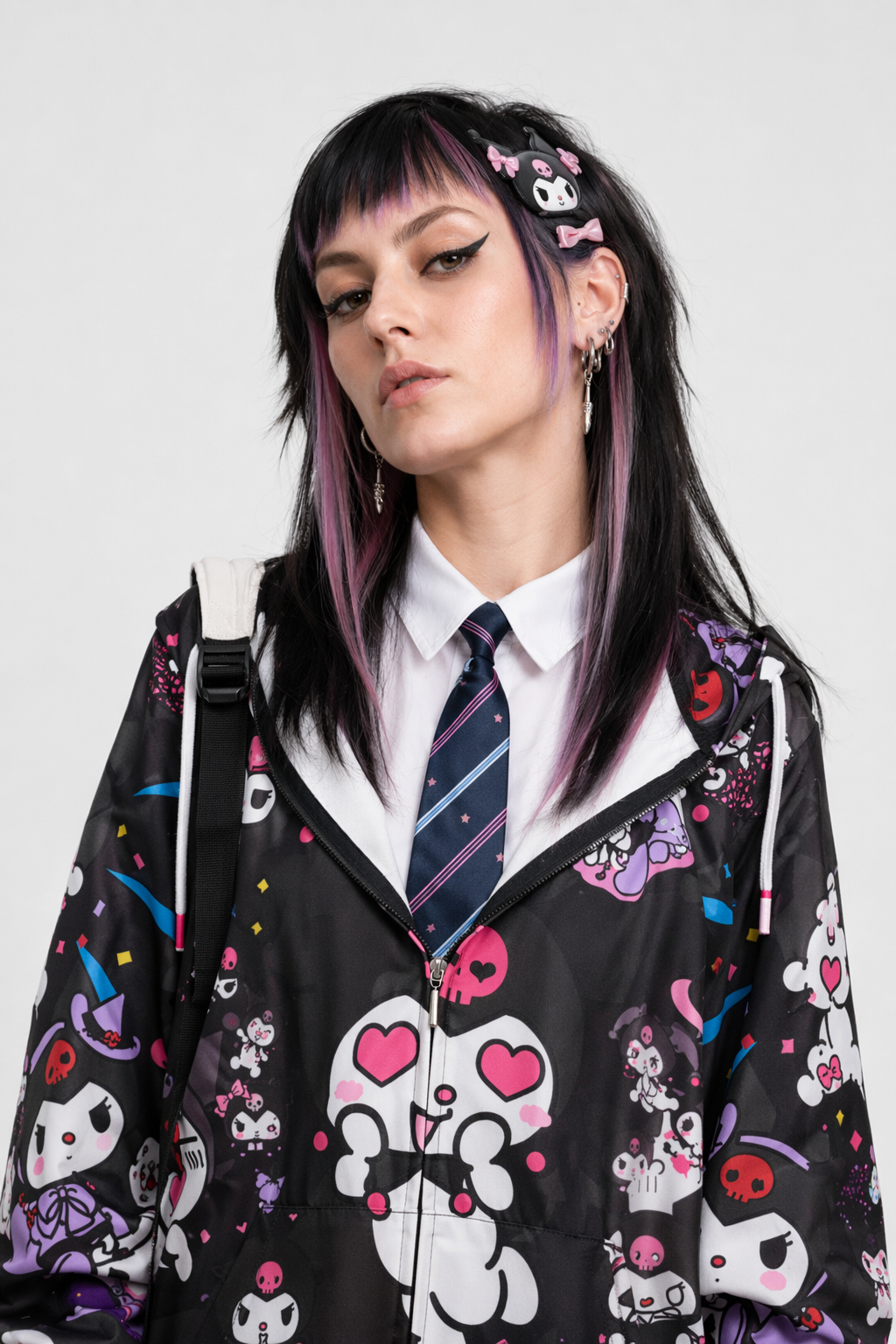 Pastel Goth Kuromi Inspired Long Sleeve Zip-Up Hoodie Black