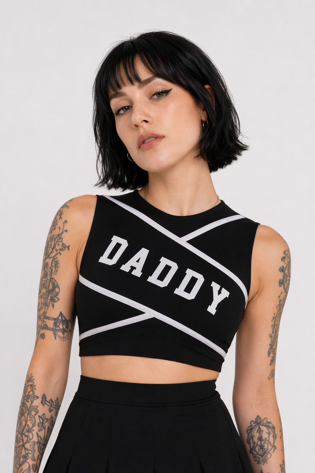 Cute Cheerleader Outfit with Belly Shirt and Matching Skirt Black