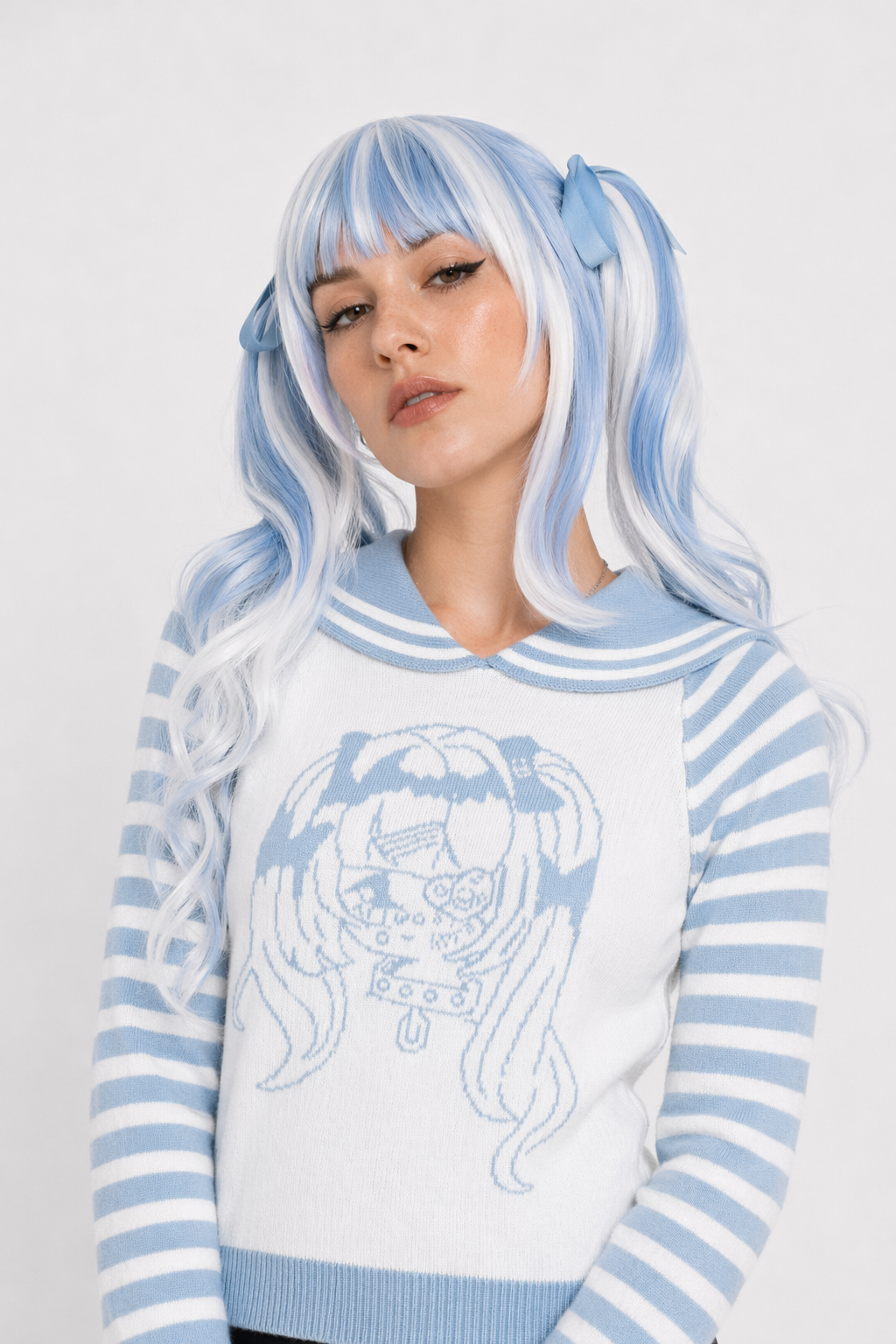 Striped eGirl Knit Hoodie for Anime and Kawaii Fashion Lovers Blue