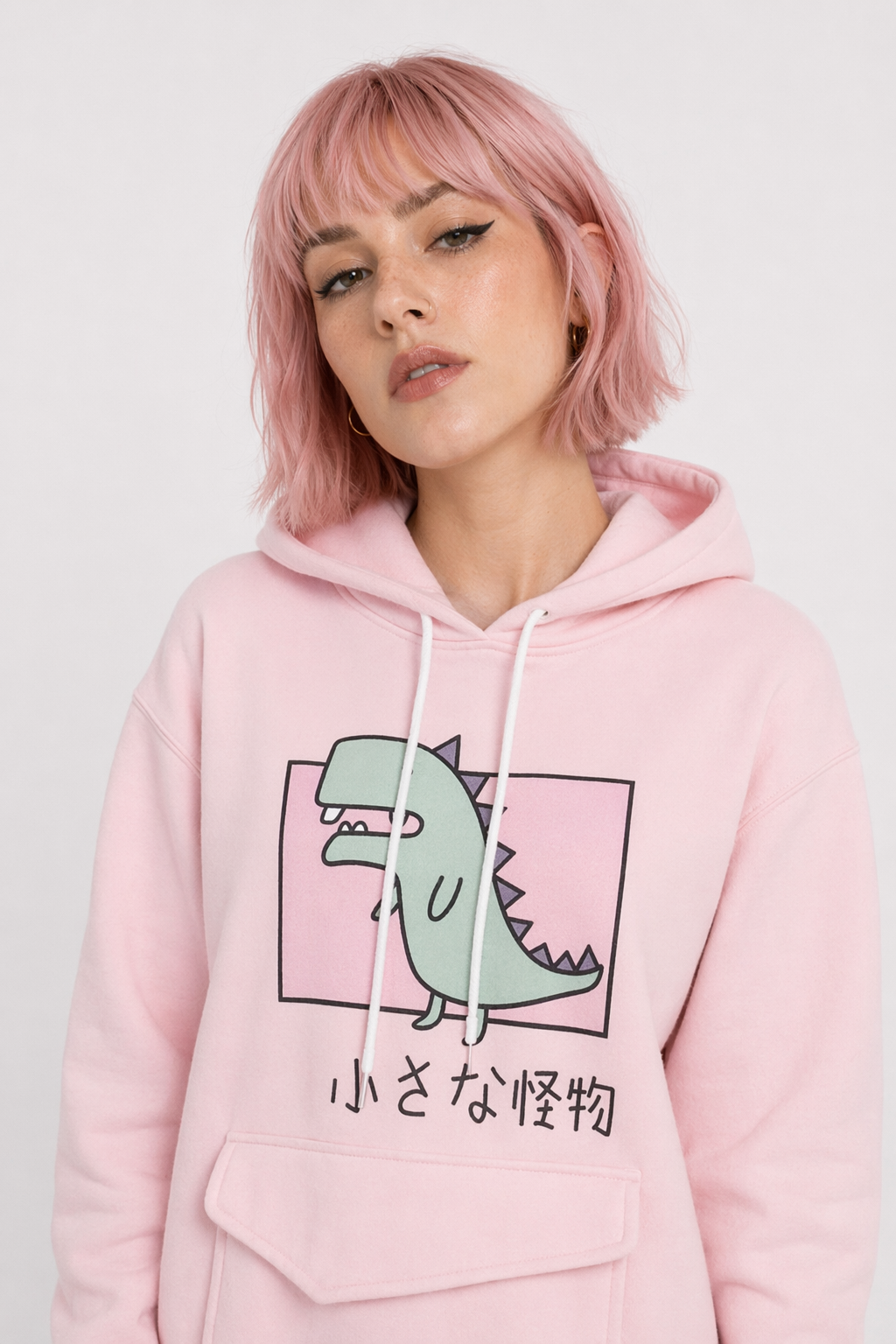Kawaii Dinosaur Hoodie in Pastel Colors with Cute Japanese Writing Pink