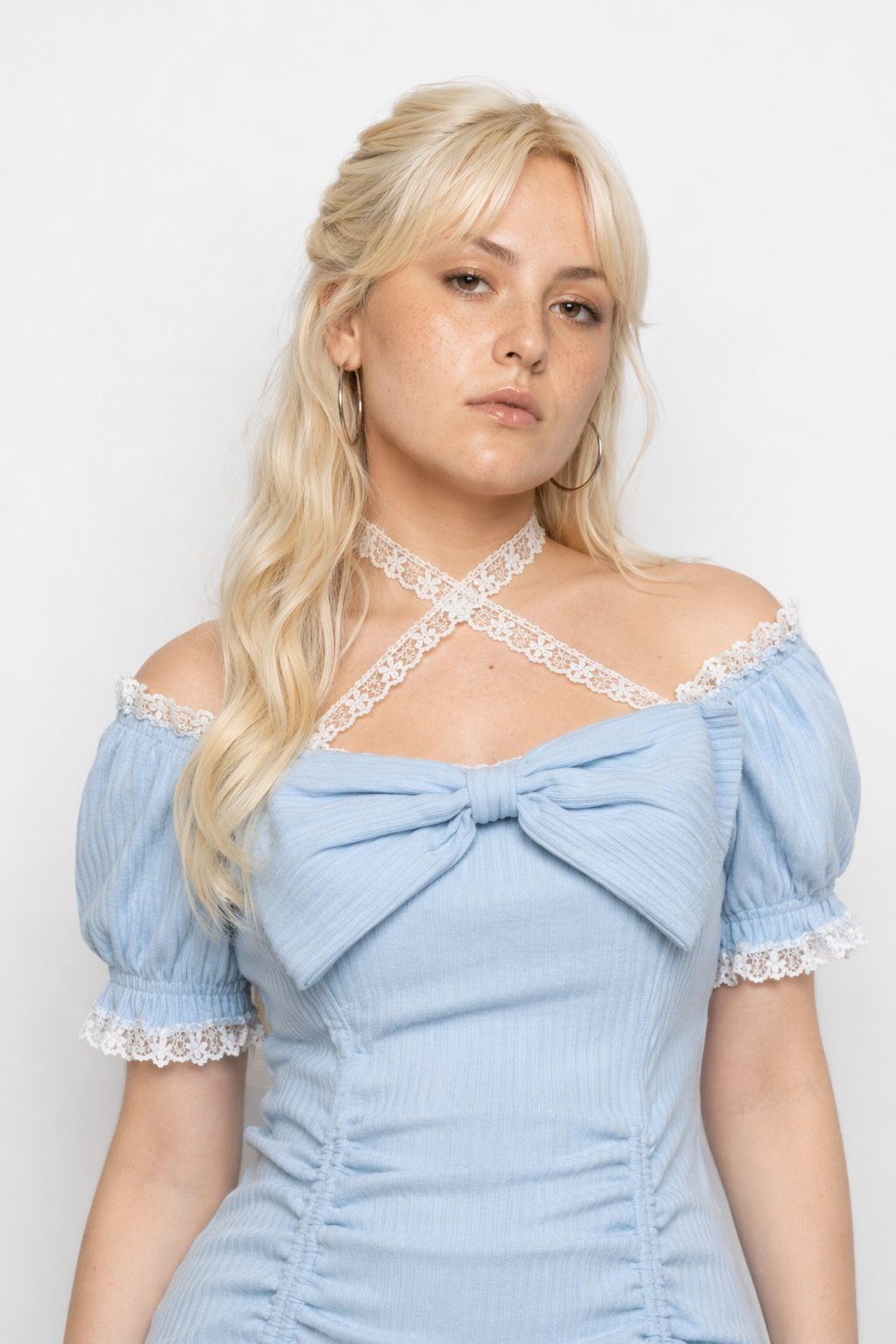 Baby Blue Lace Embellished Sweater Dress with Ruffled Trim M