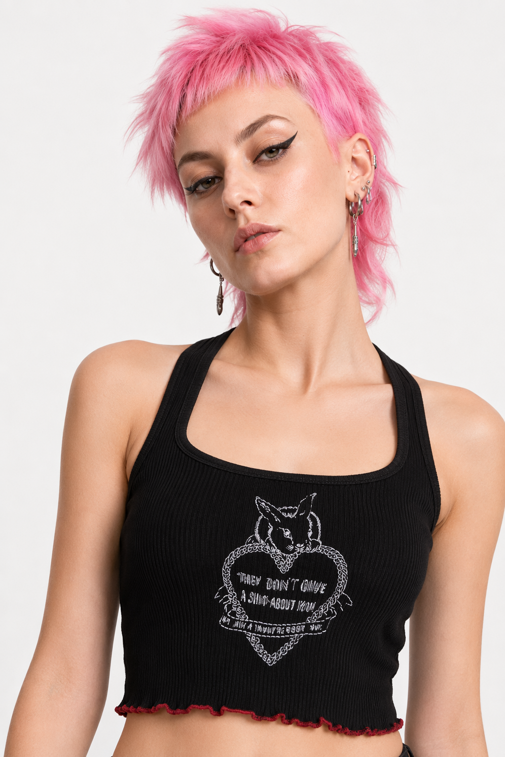 Vintage Kitsch Bunny Rabbit Graphic Halter Top Black