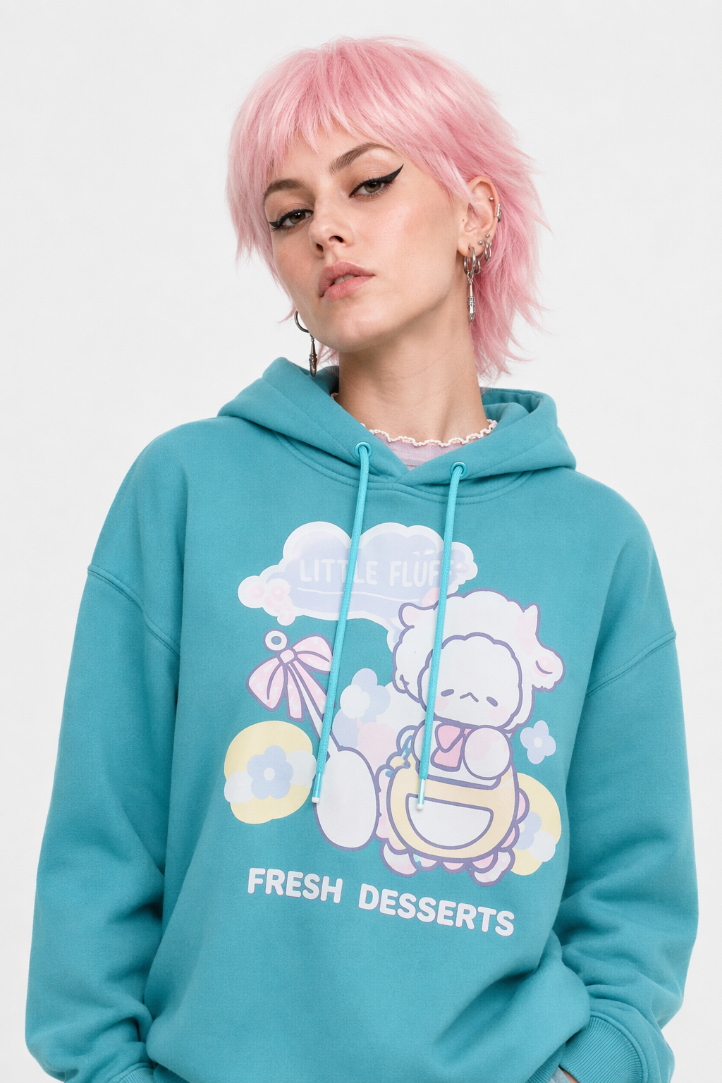 Kawaii Baby Lamb Dessert Hoodie with Sweet Details in Pastel Colors Teal