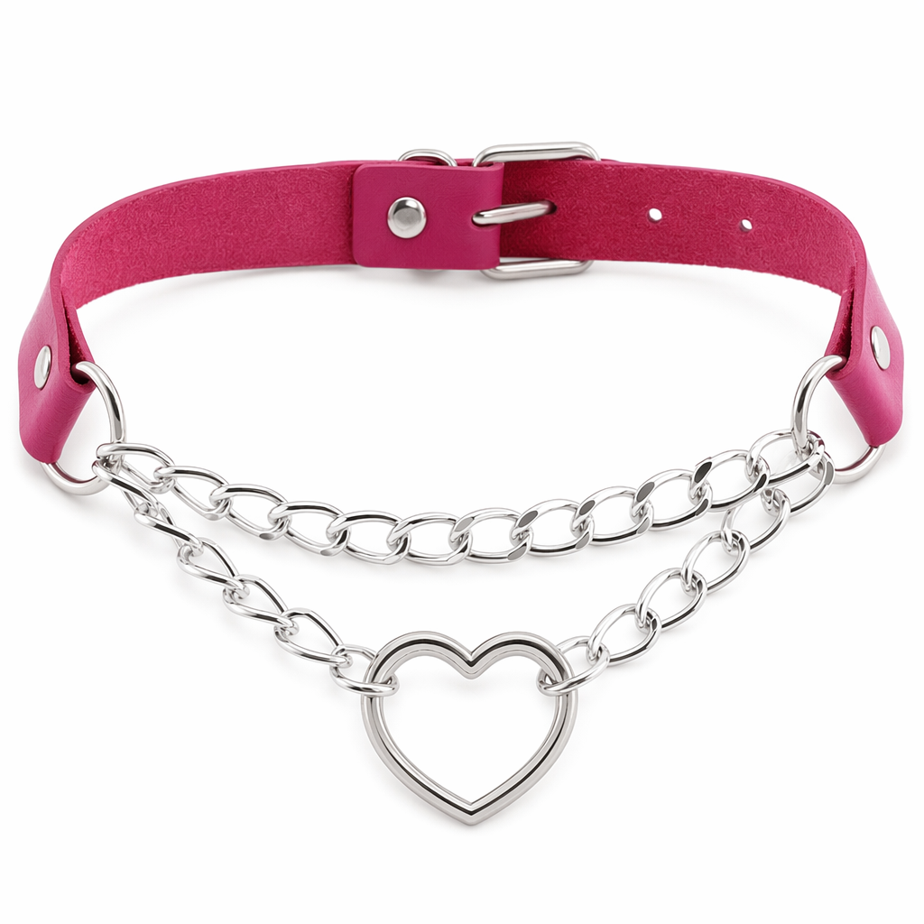 Thick Vegan Leather Chained Heart Choker Necklace Magenta