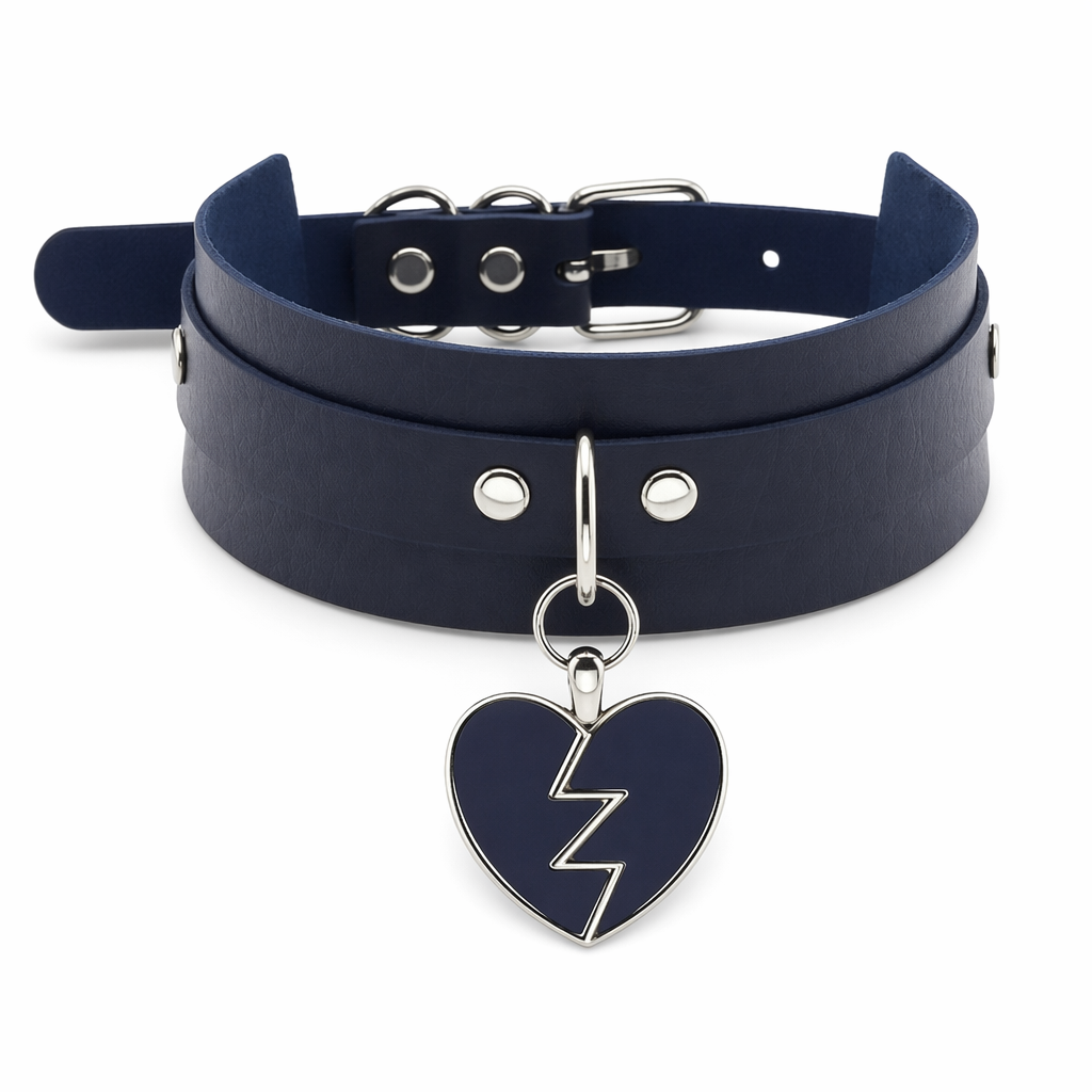 Heart Breaker Vegan Leather Choker for Kinky Princesses Navy Blue Collar