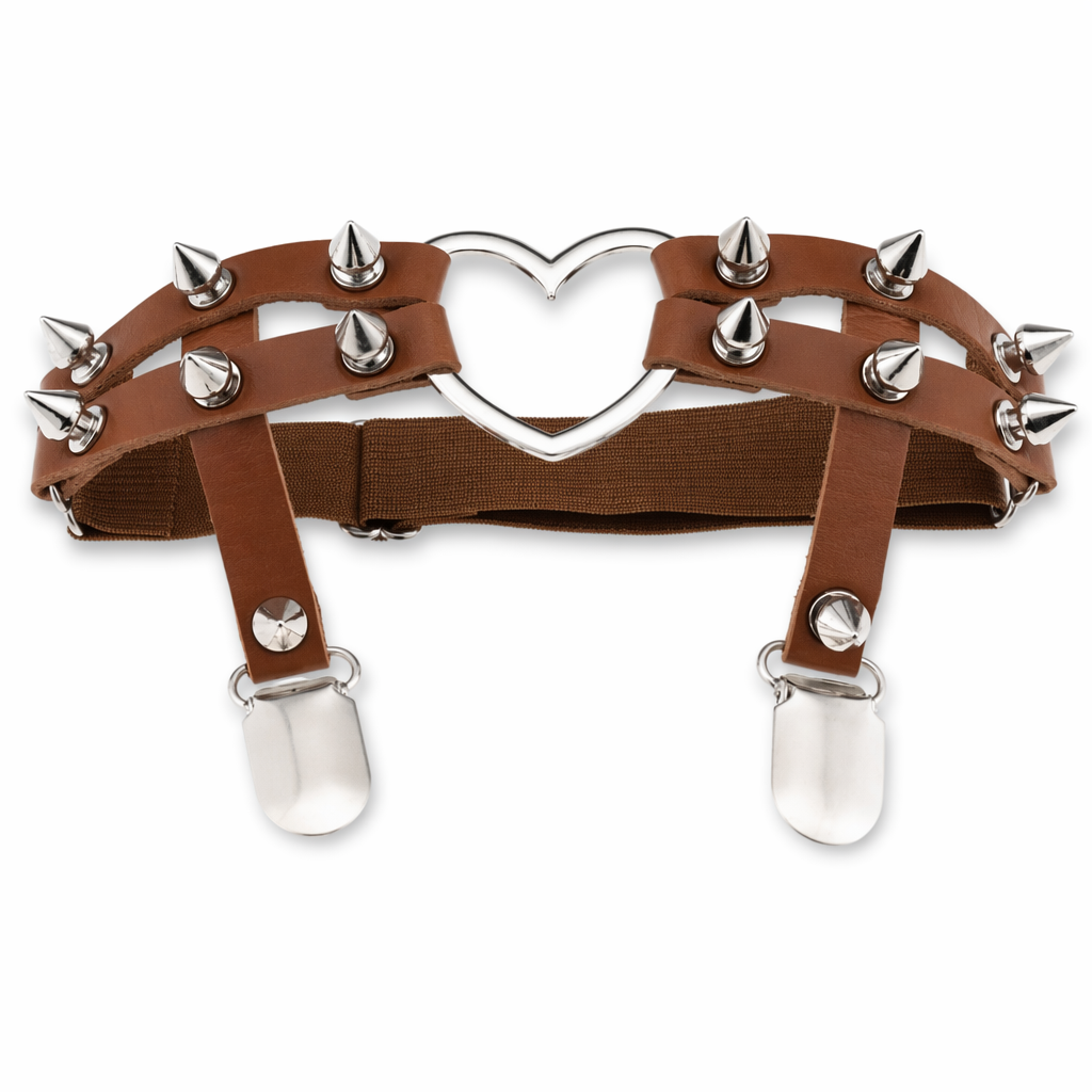 Spiky Garter Belt with Punk Rock Style and Metal Heart Brown